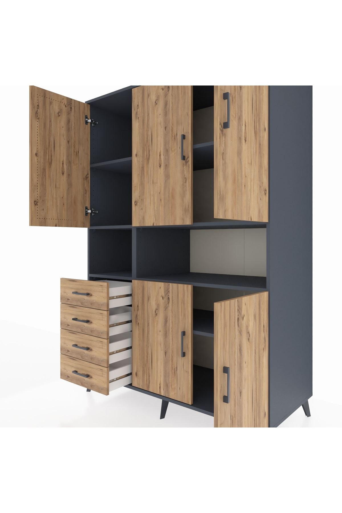 Kronos Dolap 7 Raflı 4 Çekmeceli 5 Kapaklı 132x59x195 Antrasit-Çam/Çam