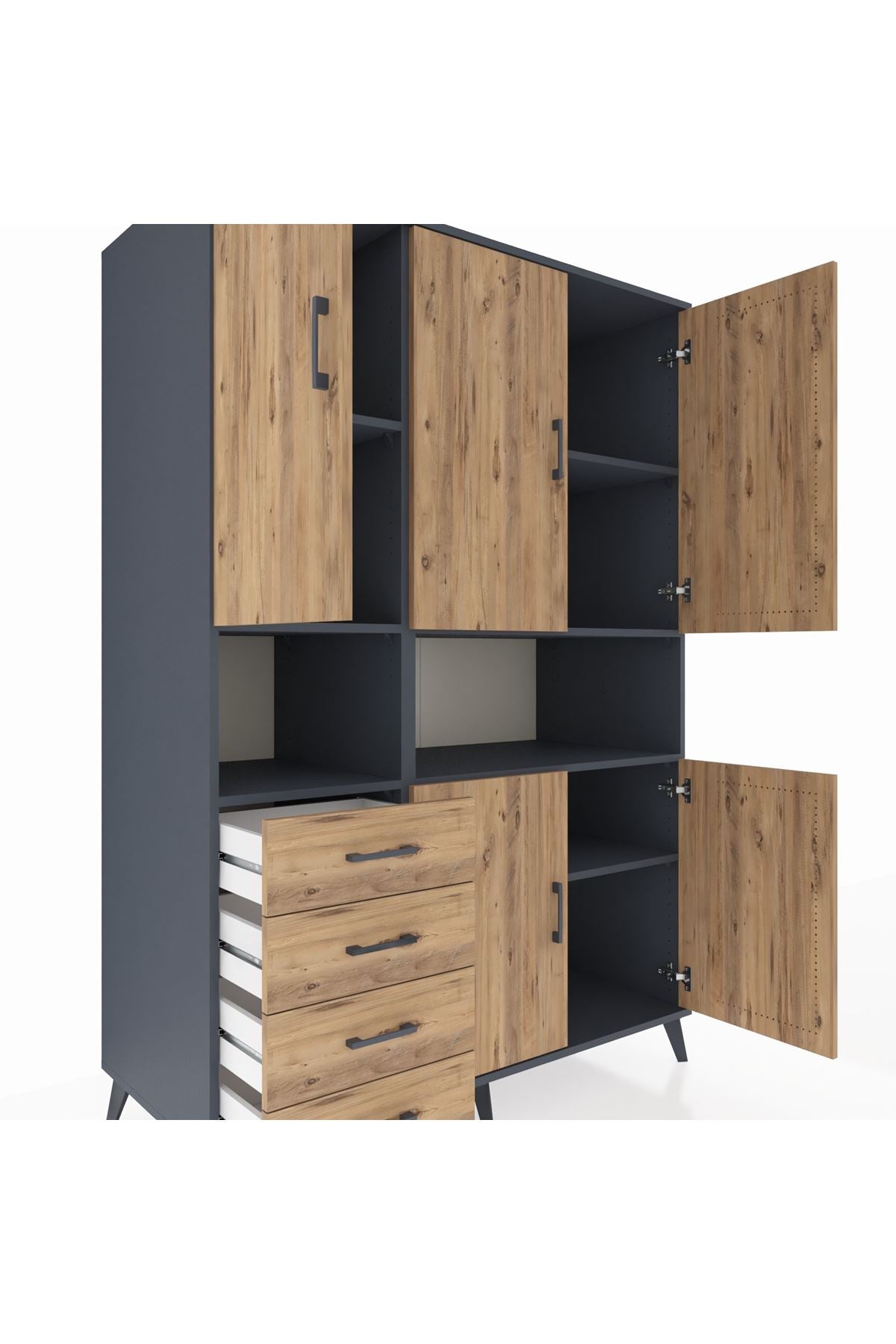Kronos Dolap 7 Raflı 4 Çekmeceli 5 Kapaklı 132x59x195 Antrasit-Çam/Çam