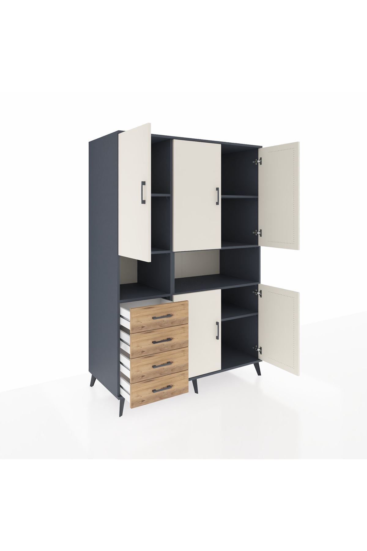 Kronos Dolap 7 Raflı 4 Çekmeceli 5 Kapaklı 132x59x195 Antrasit-Aytaşı/Çam