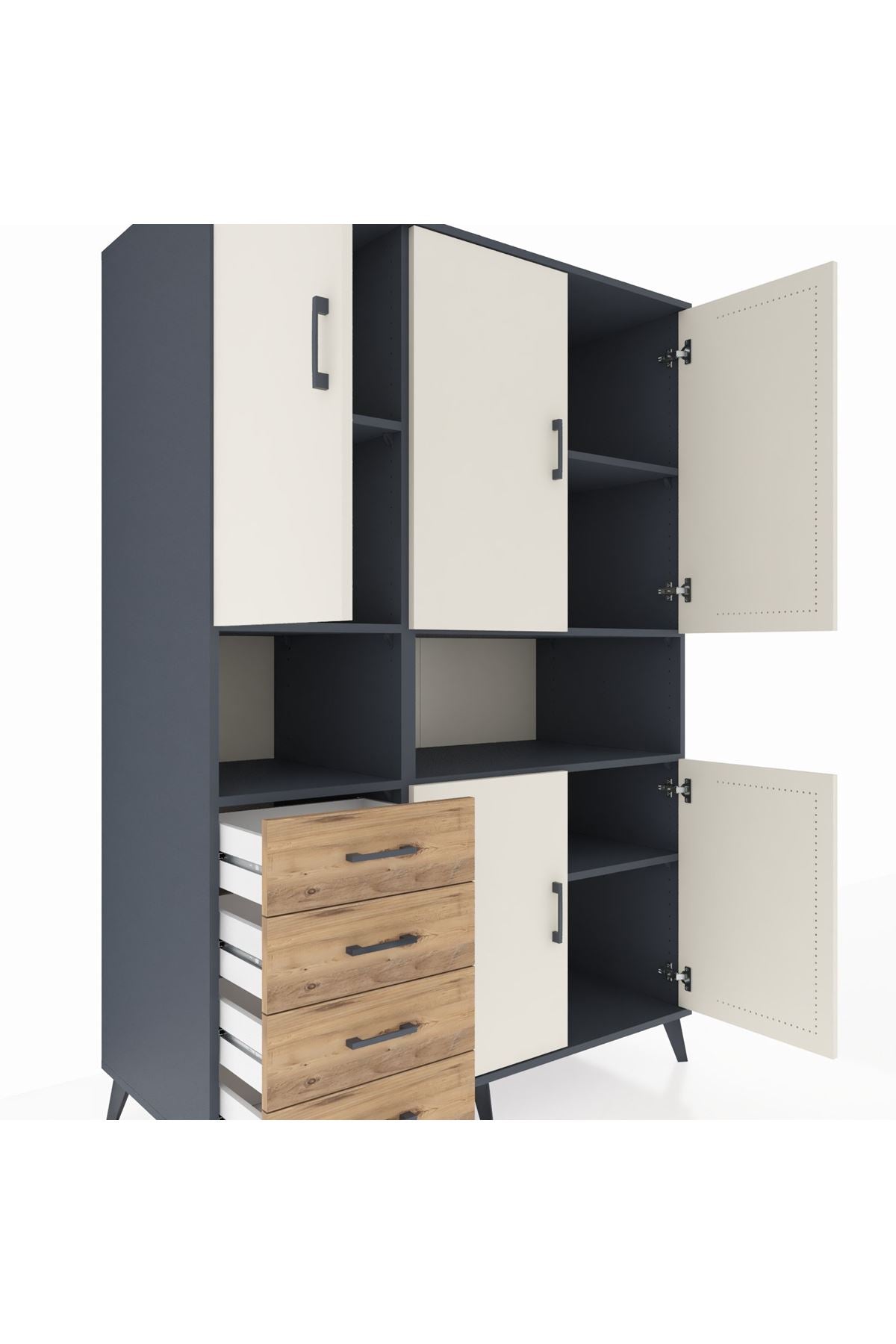 Kronos Dolap 7 Raflı 4 Çekmeceli 5 Kapaklı 132x59x195 Antrasit-Aytaşı/Çam