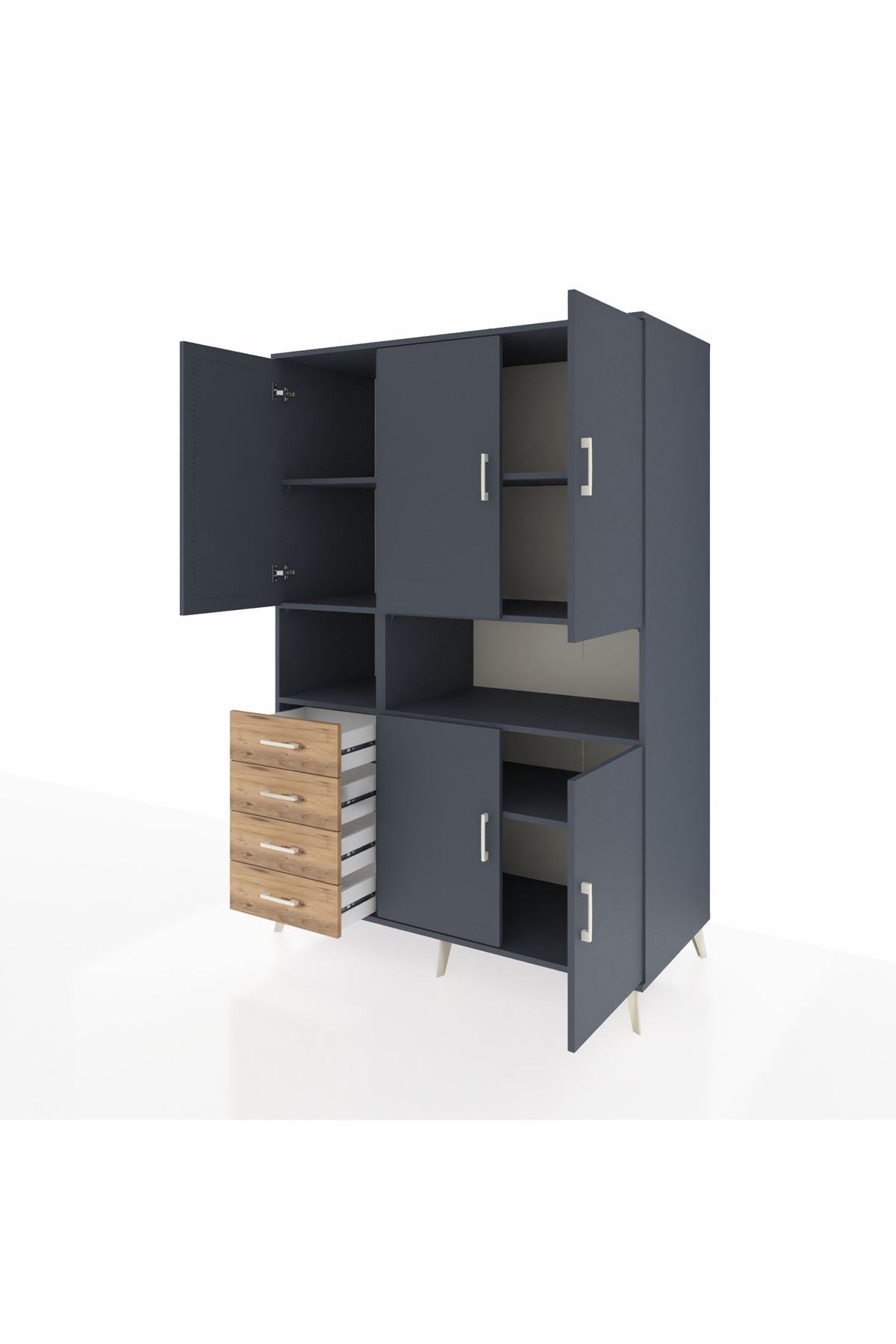 Kronos Dolap 7 Raflı 4 Çekmeceli 5 Kapaklı 132x59x195 Antrasit-Antrasit/Çam