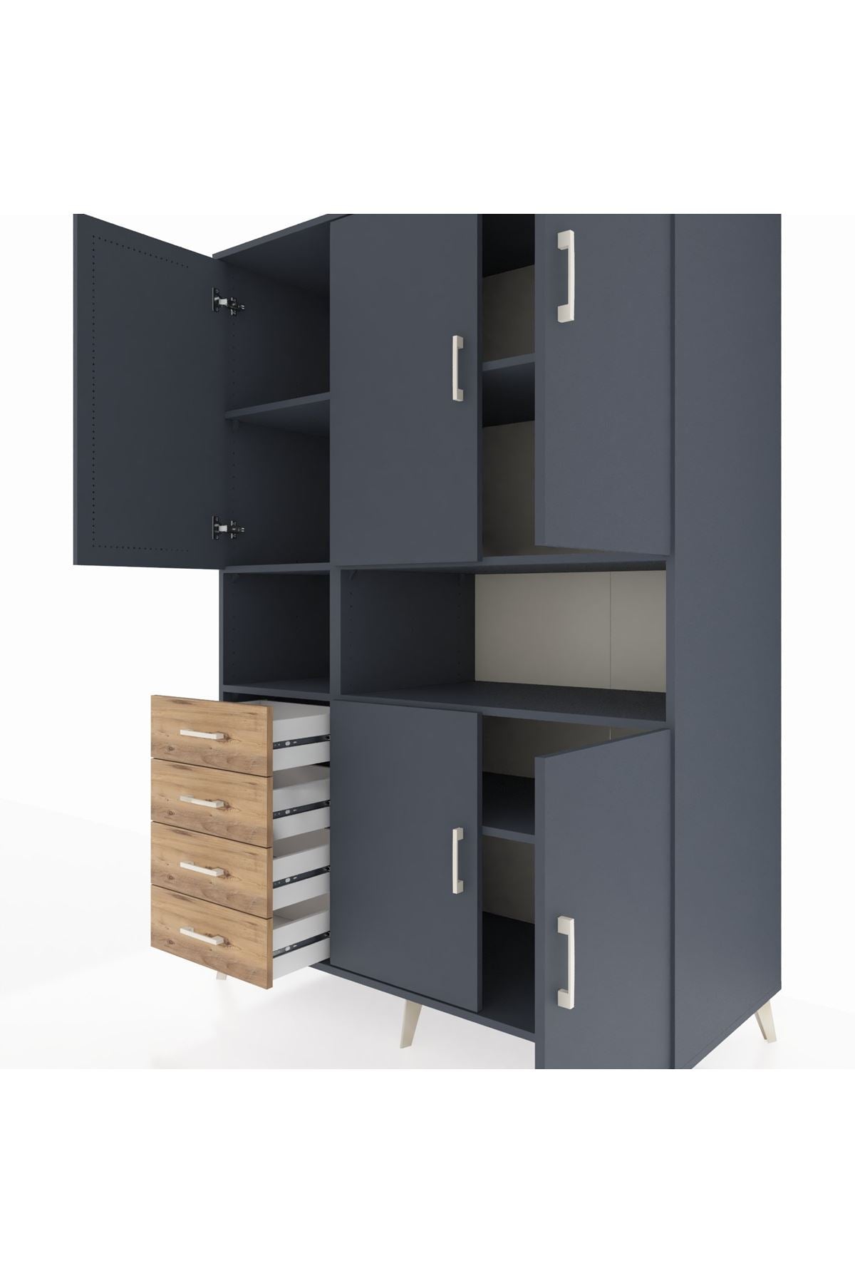 Kronos Dolap 7 Raflı 4 Çekmeceli 5 Kapaklı 132x59x195 Antrasit-Antrasit/Çam