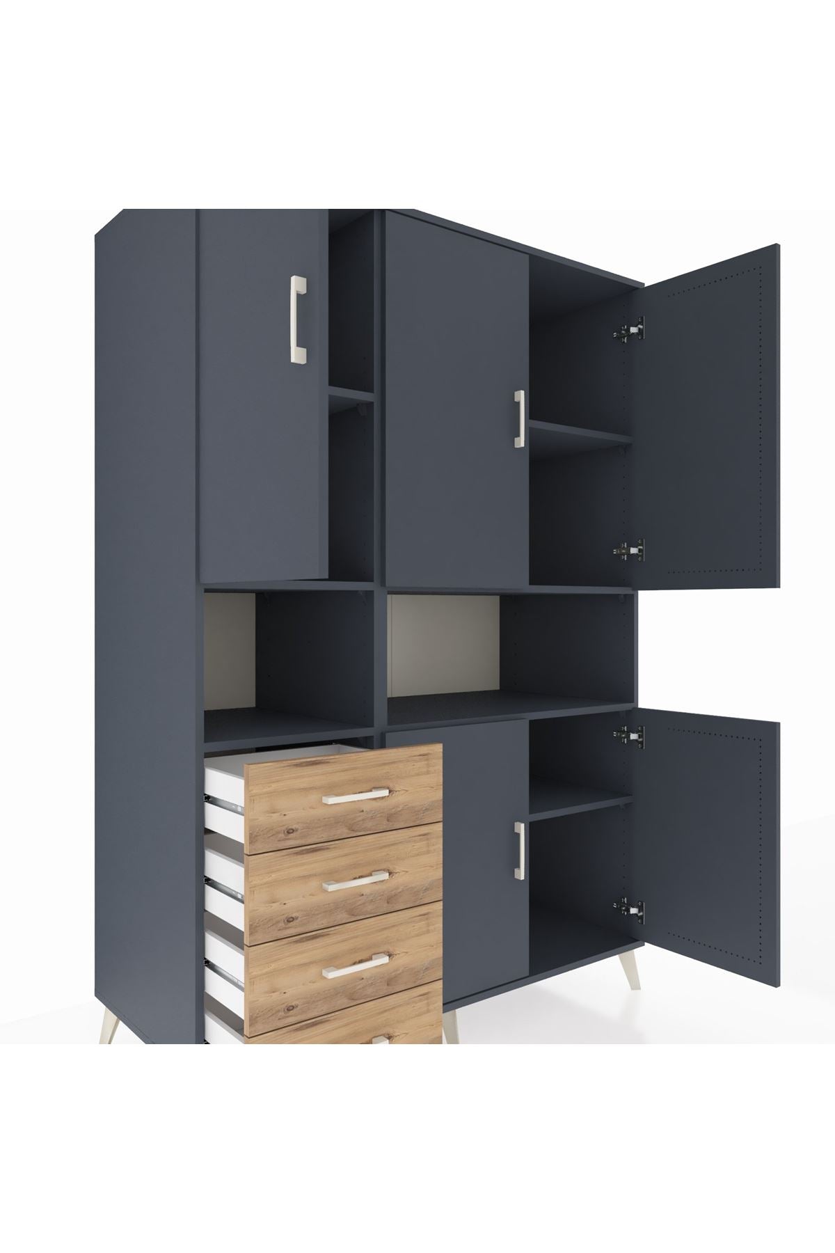 Kronos Dolap 7 Raflı 4 Çekmeceli 5 Kapaklı 132x59x195 Antrasit-Antrasit/Çam