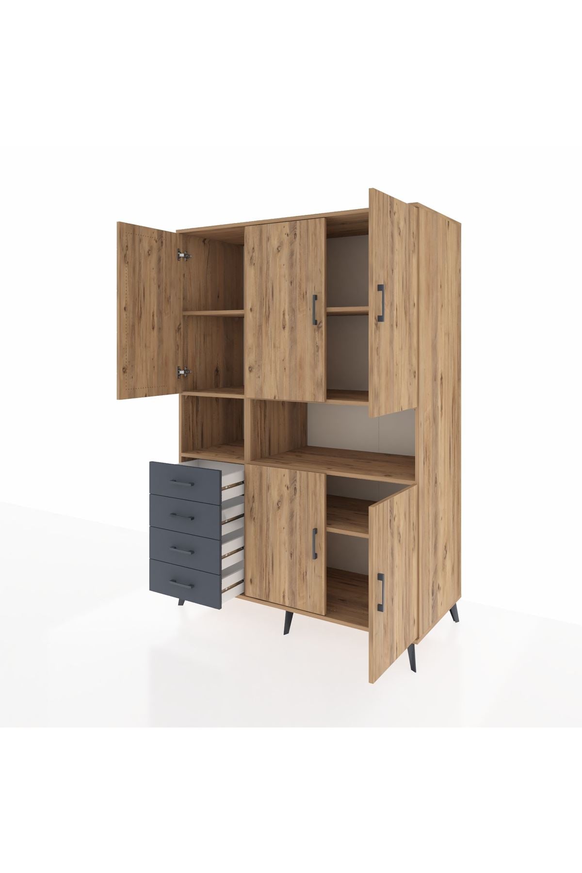 Kronos Dolap 7 Raflı 4 Çekmeceli 5 Kapaklı 132x59x195 Çam-Çam/Antrasit