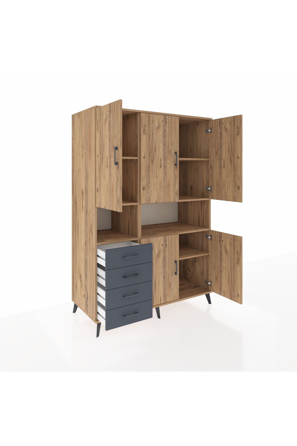 Kronos Dolap 7 Raflı 4 Çekmeceli 5 Kapaklı 132x59x195 Çam-Çam/Antrasit