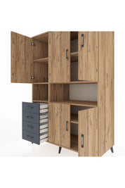 Kronos Dolap 7 Raflı 4 Çekmeceli 5 Kapaklı 132x59x195 Çam-Çam/Antrasit