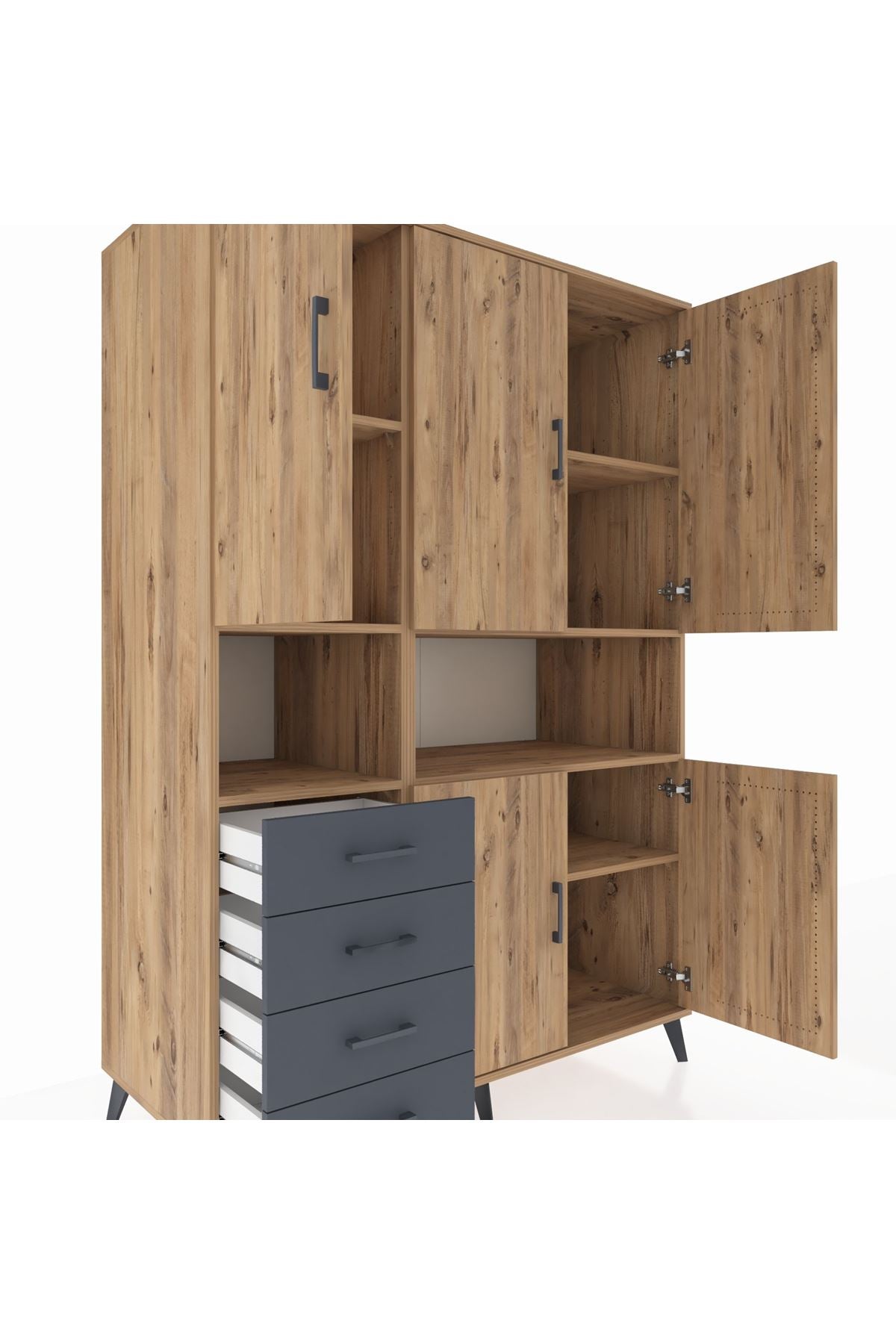 Kronos Dolap 7 Raflı 4 Çekmeceli 5 Kapaklı 132x59x195 Çam-Çam/Antrasit