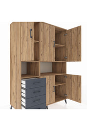 Kronos Dolap 7 Raflı 4 Çekmeceli 5 Kapaklı 132x59x195 Çam-Çam/Antrasit