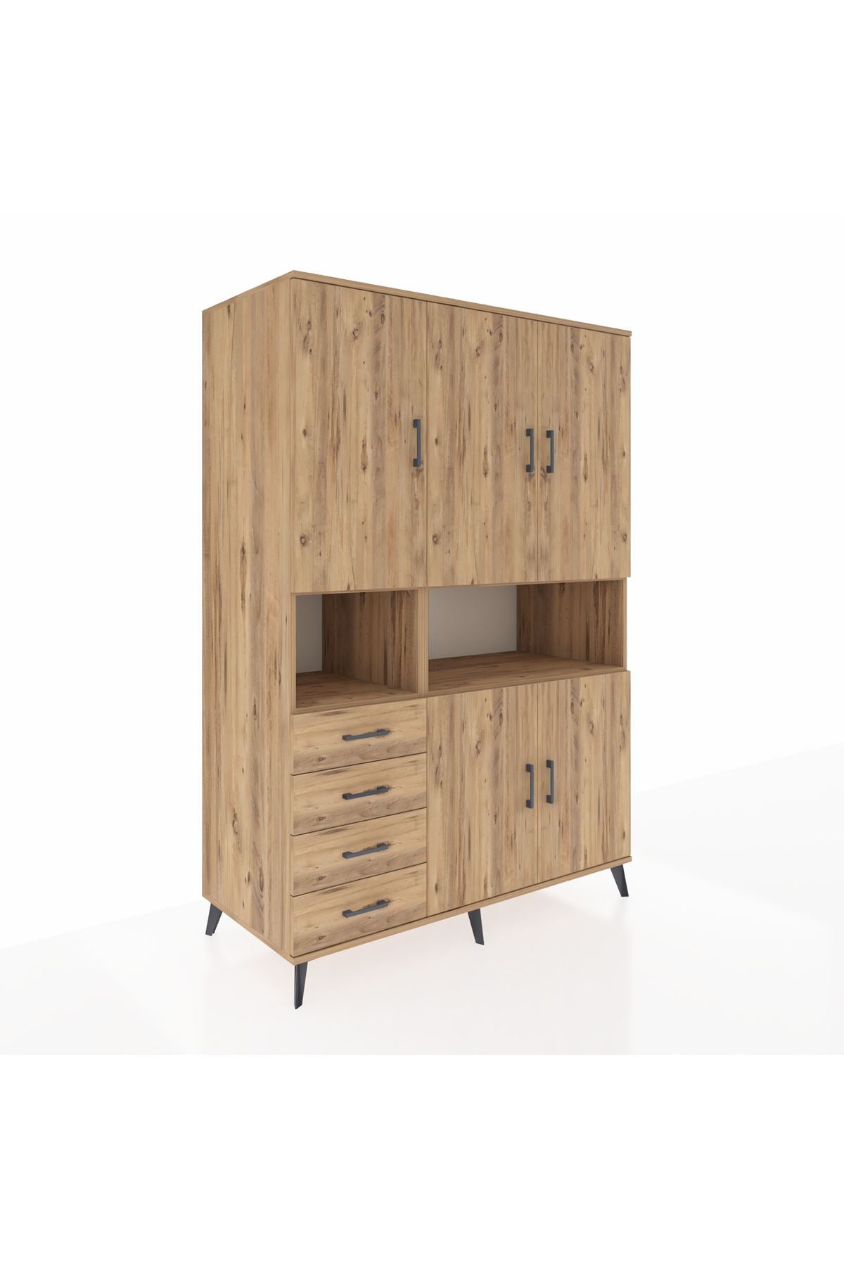 Kronos Dolap 7 Raflı 4 Çekmeceli 5 Kapaklı 132x59x195 Çam-Çam/Çam