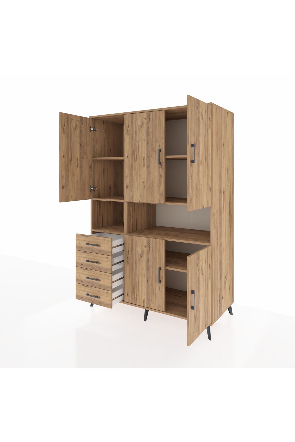 Kronos Dolap 7 Raflı 4 Çekmeceli 5 Kapaklı 132x59x195 Çam-Çam/Çam