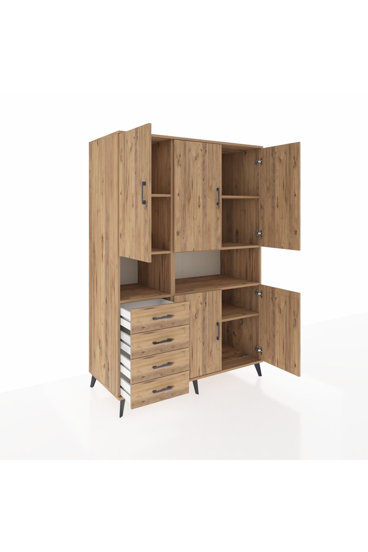 Kronos Dolap 7 Raflı 4 Çekmeceli 5 Kapaklı 132x59x195 Çam-Çam/Çam