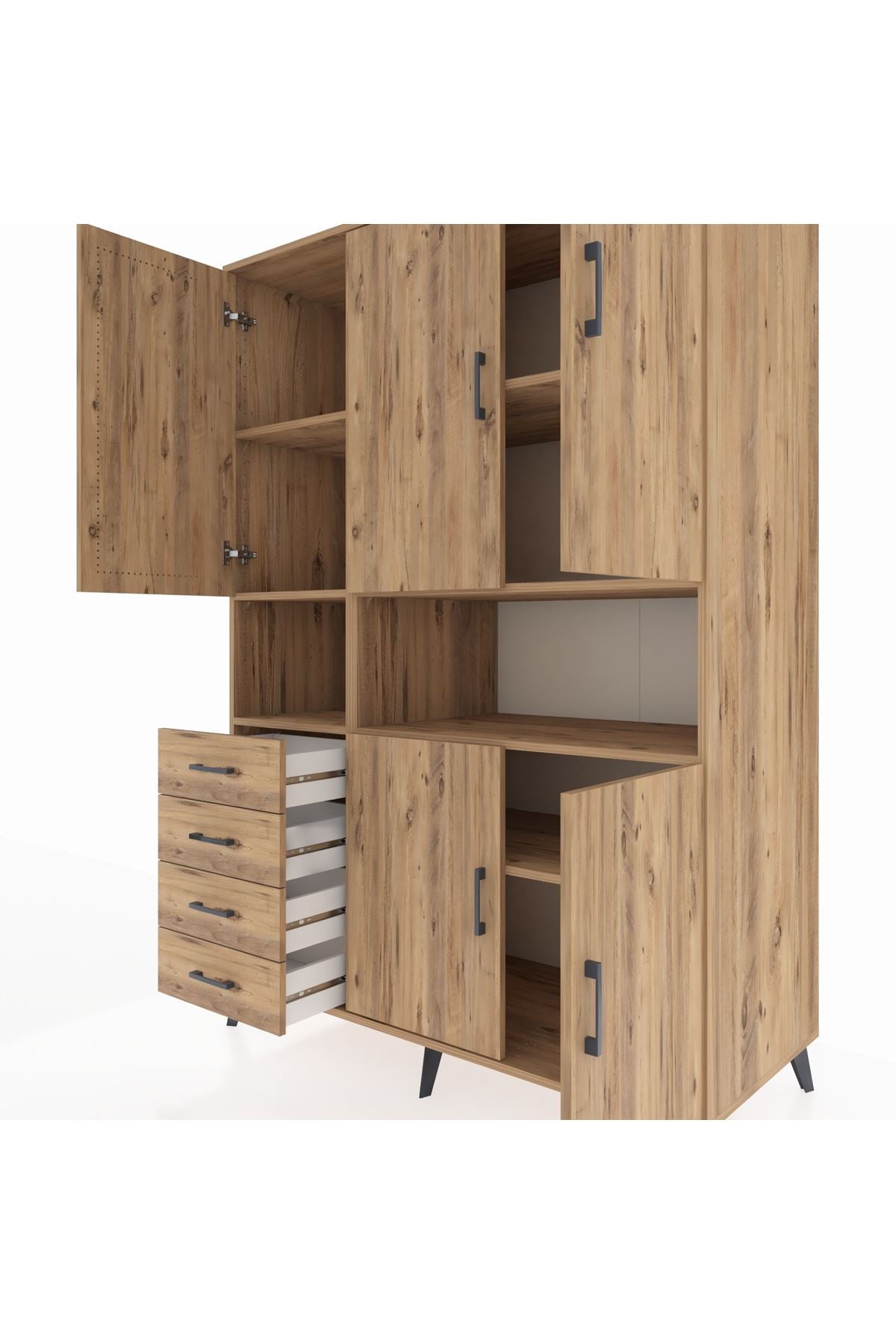 Kronos Dolap 7 Raflı 4 Çekmeceli 5 Kapaklı 132x59x195 Çam-Çam/Çam