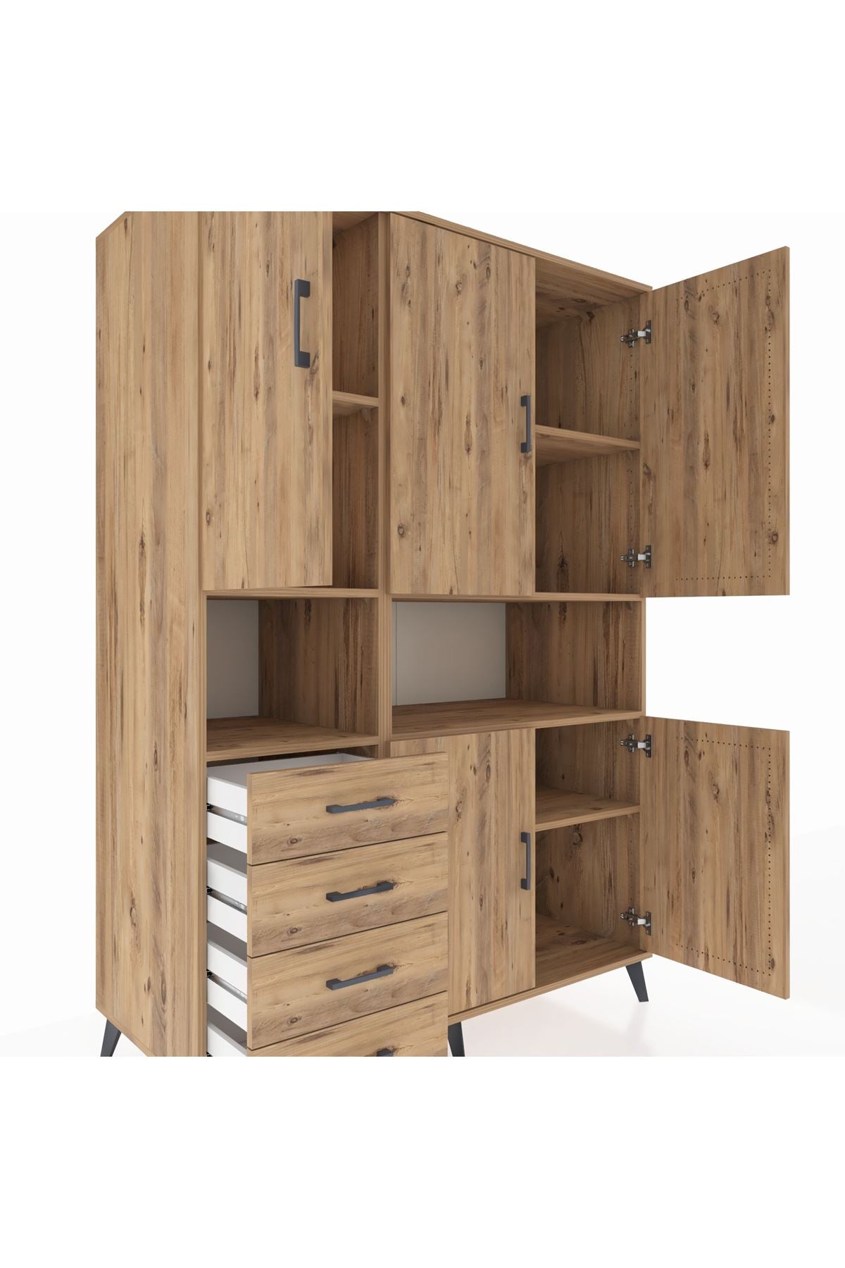 Kronos Dolap 7 Raflı 4 Çekmeceli 5 Kapaklı 132x59x195 Çam-Çam/Çam