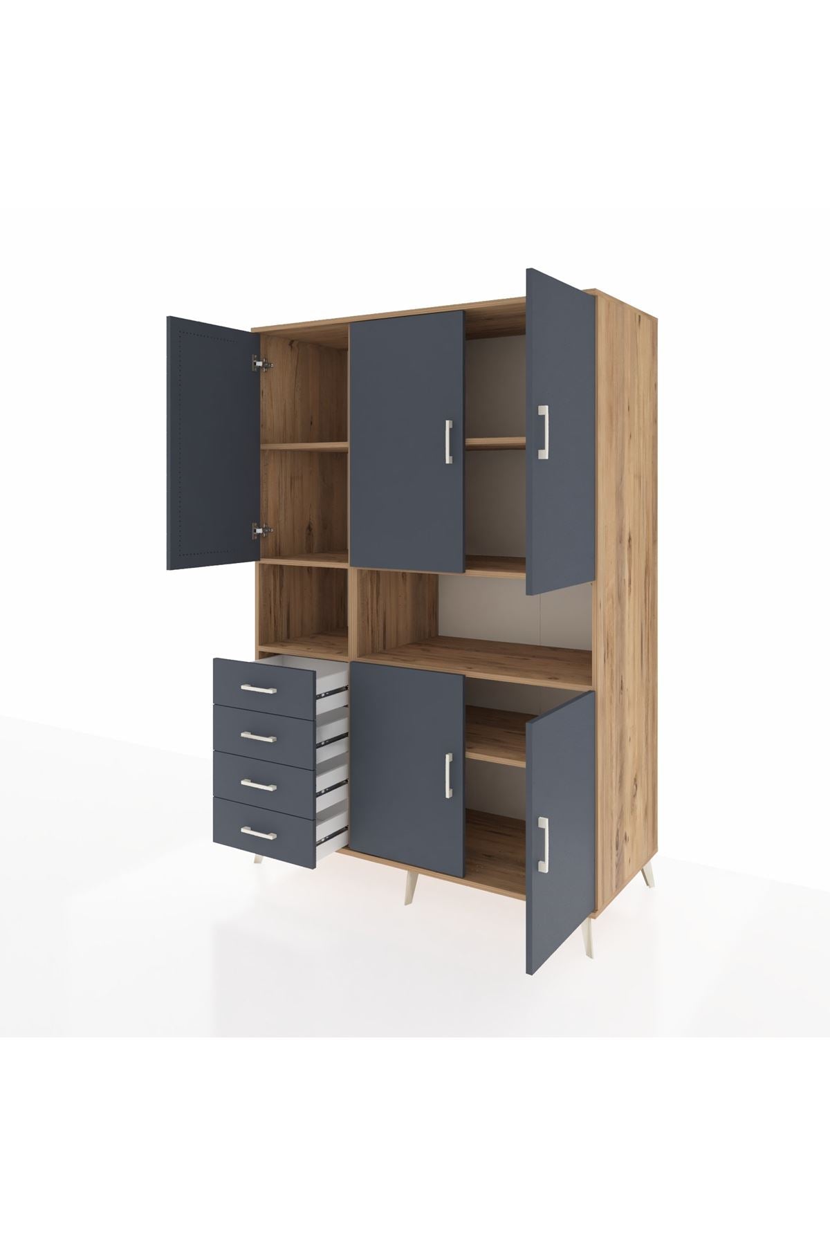 Kronos Dolap 7 Raflı 4 Çekmeceli 5 Kapaklı 132x59x195 Çam-Antrasit/Antrasit