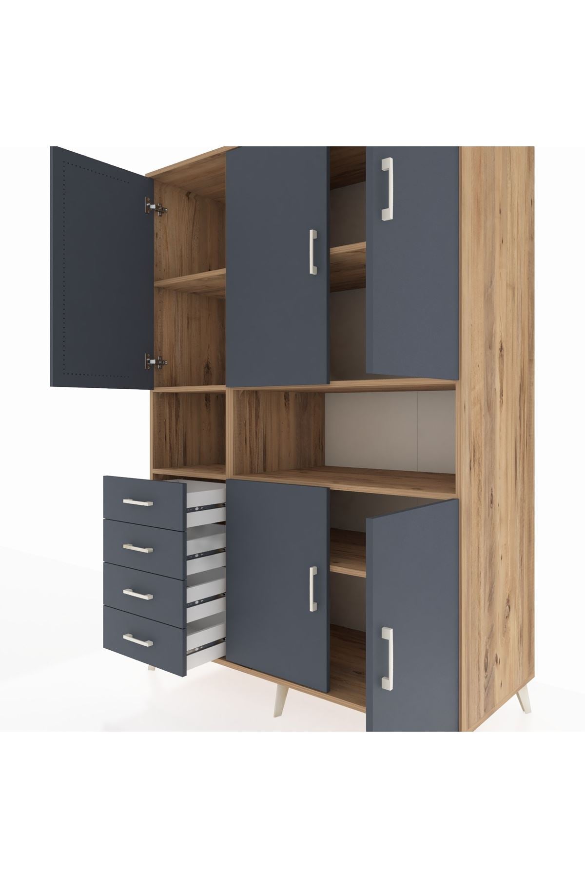 Kronos Dolap 7 Raflı 4 Çekmeceli 5 Kapaklı 132x59x195 Çam-Antrasit/Antrasit