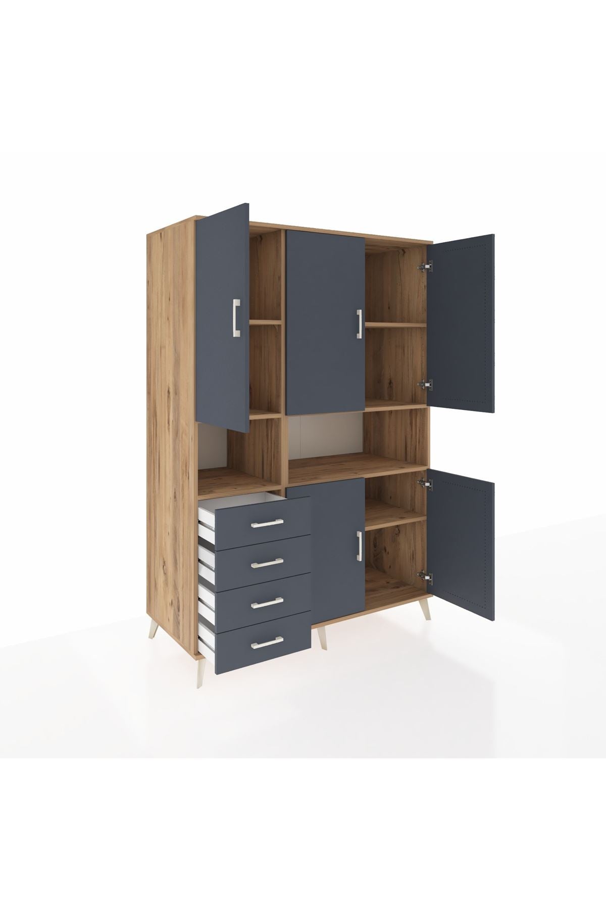 Kronos Dolap 7 Raflı 4 Çekmeceli 5 Kapaklı 132x59x195 Çam-Antrasit/Antrasit