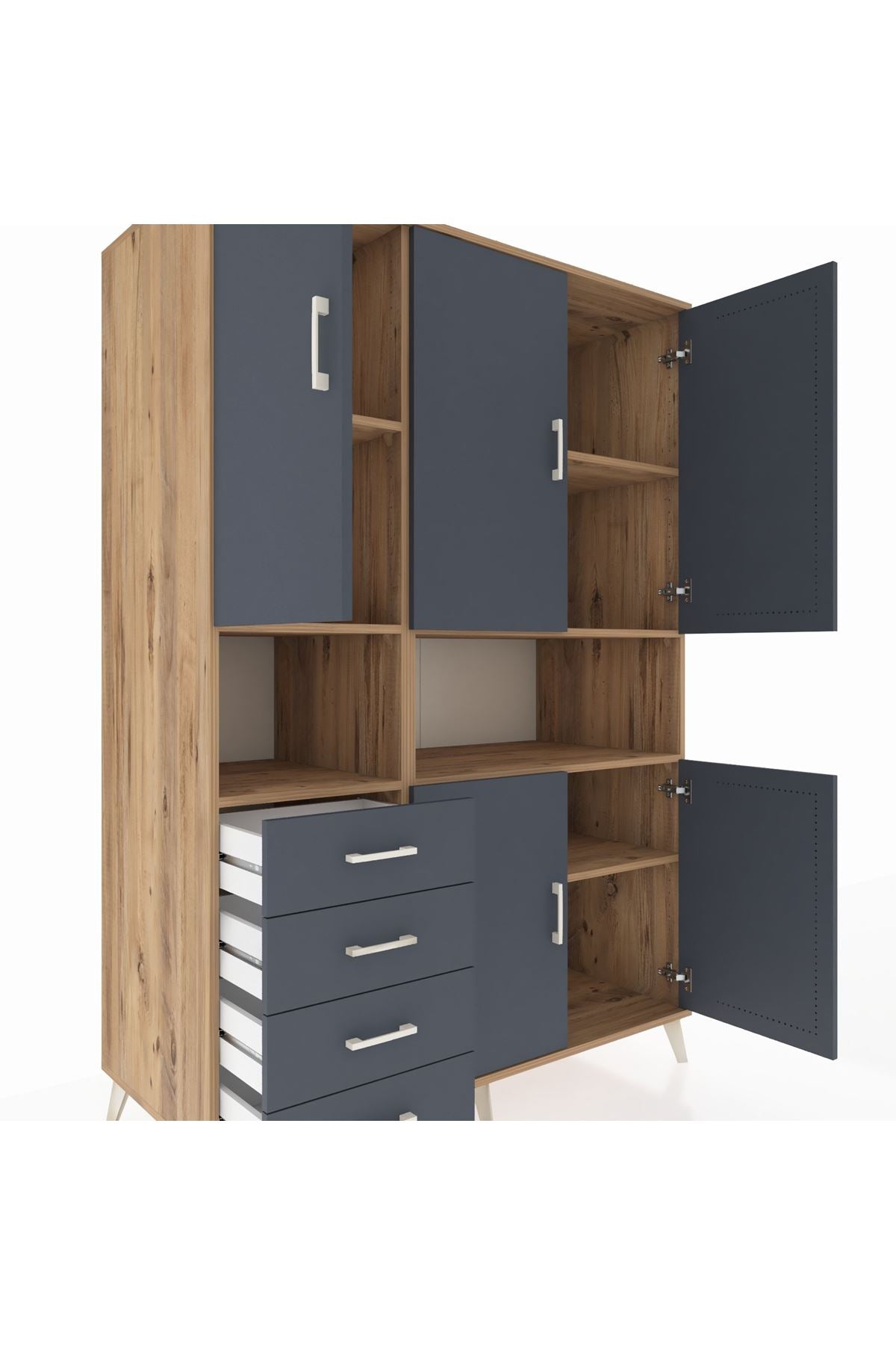 Kronos Dolap 7 Raflı 4 Çekmeceli 5 Kapaklı 132x59x195 Çam-Antrasit/Antrasit