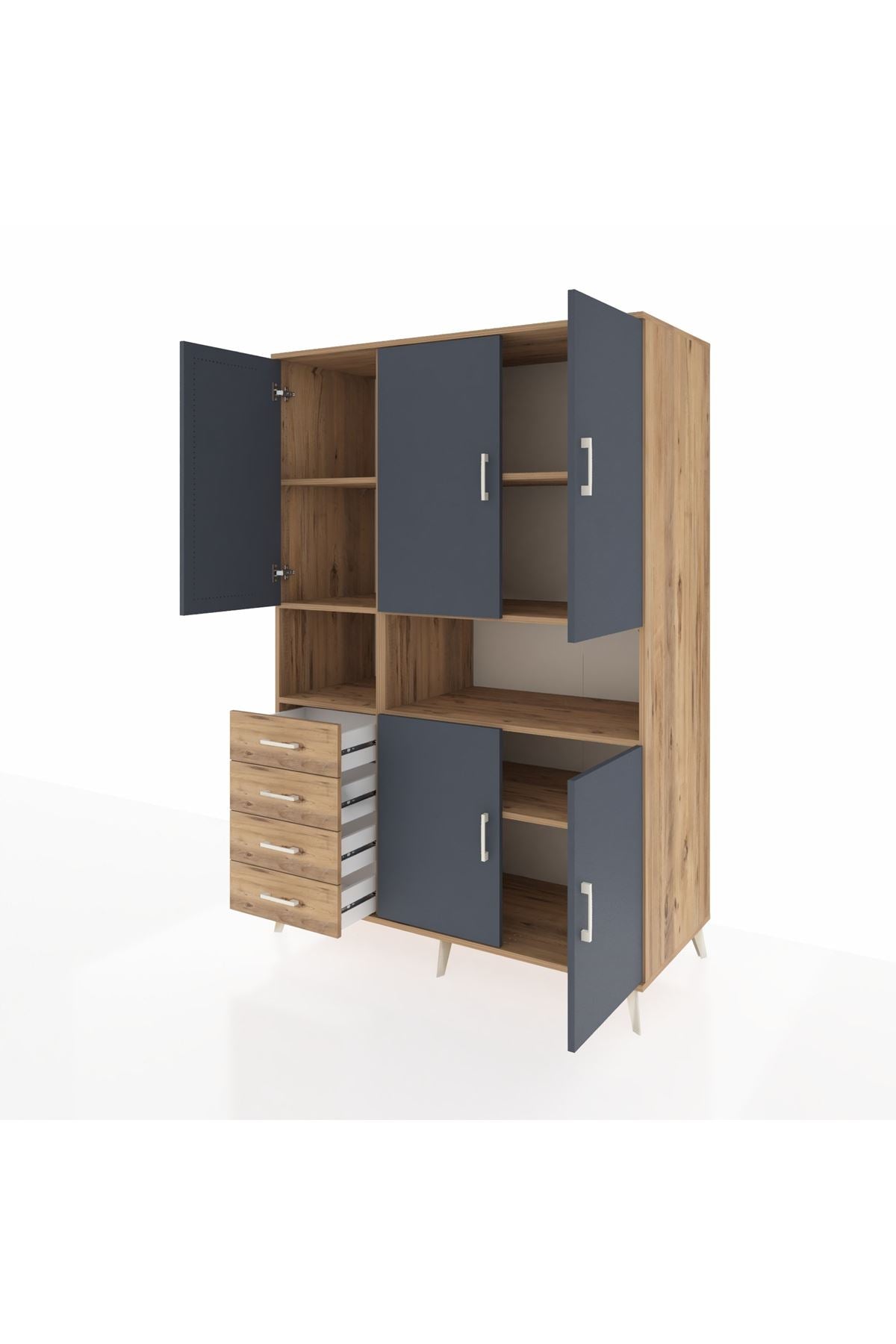 Kronos Dolap 7 Raflı 4 Çekmeceli 5 Kapaklı 132x59x195 Çam-Antrasit/Çam