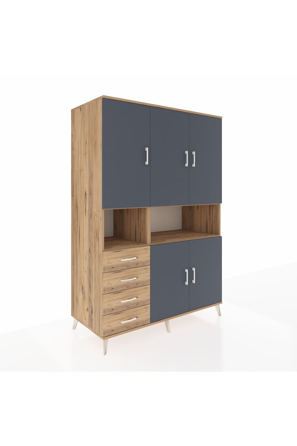 Kronos Dolap 7 Raflı 4 Çekmeceli 5 Kapaklı 132x59x195 Çam-Antrasit/Çam