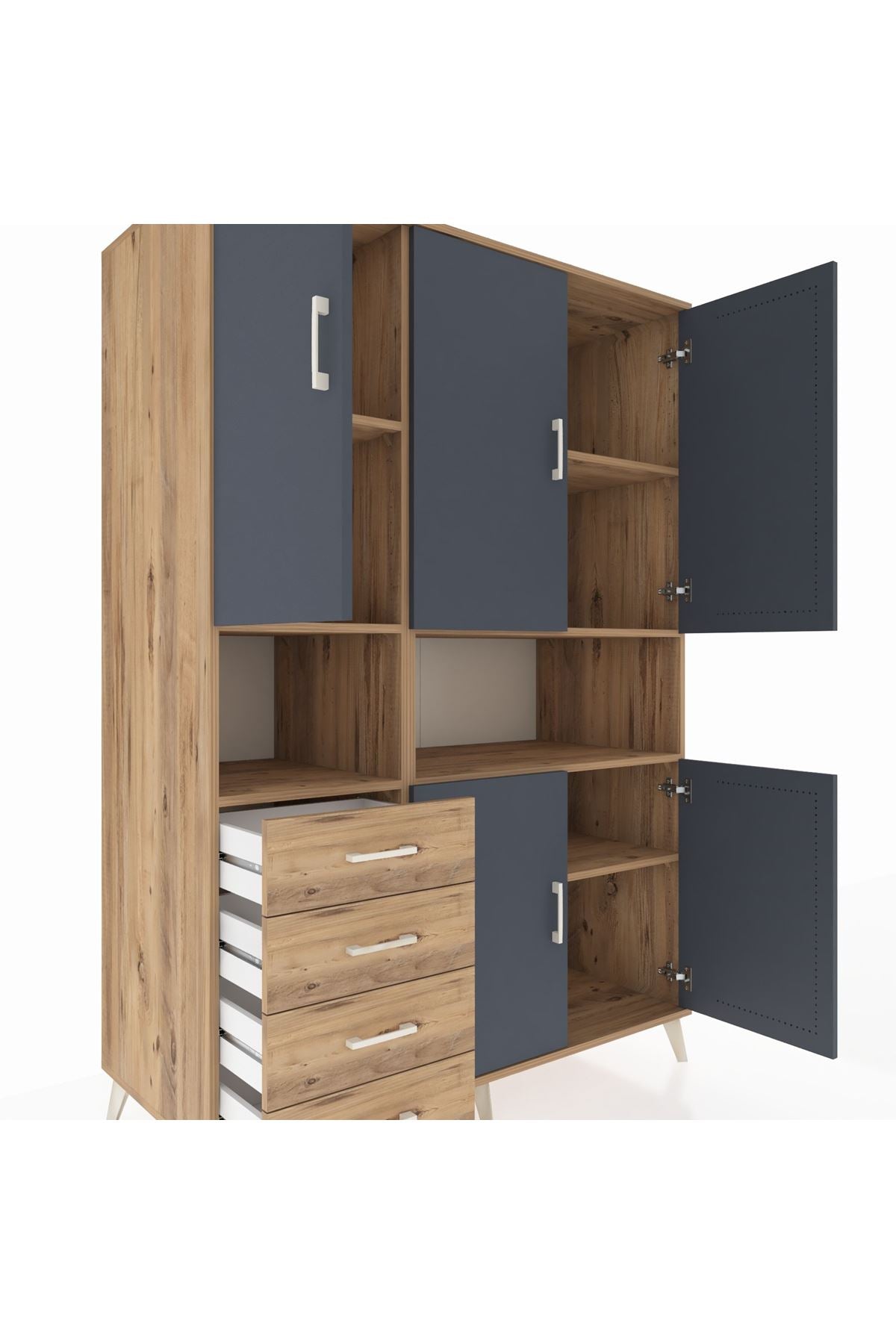 Kronos Dolap 7 Raflı 4 Çekmeceli 5 Kapaklı 132x59x195 Çam-Antrasit/Çam