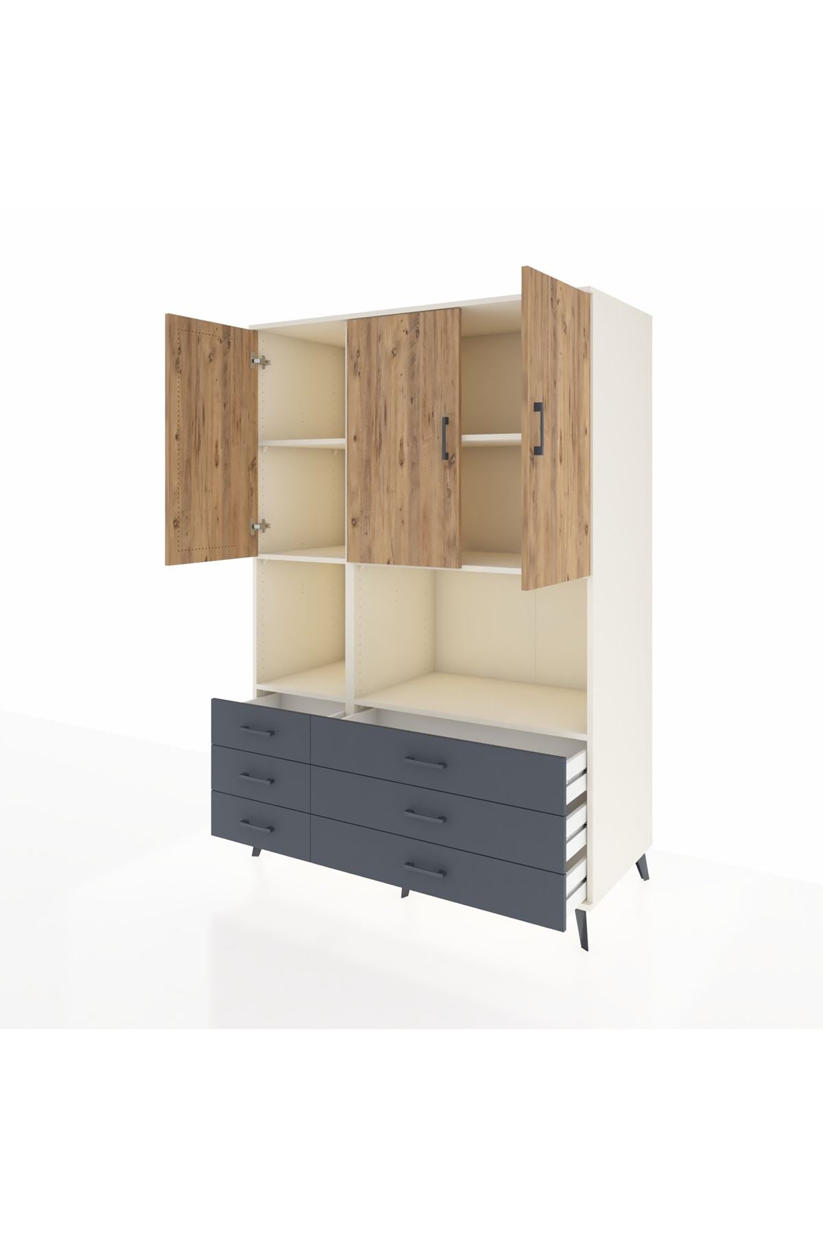 Kronos Dolap 6 Raflı 6 Çekmeceli 3 Kapaklı 132x59x195 Aytaşı-Çam/Antrasit