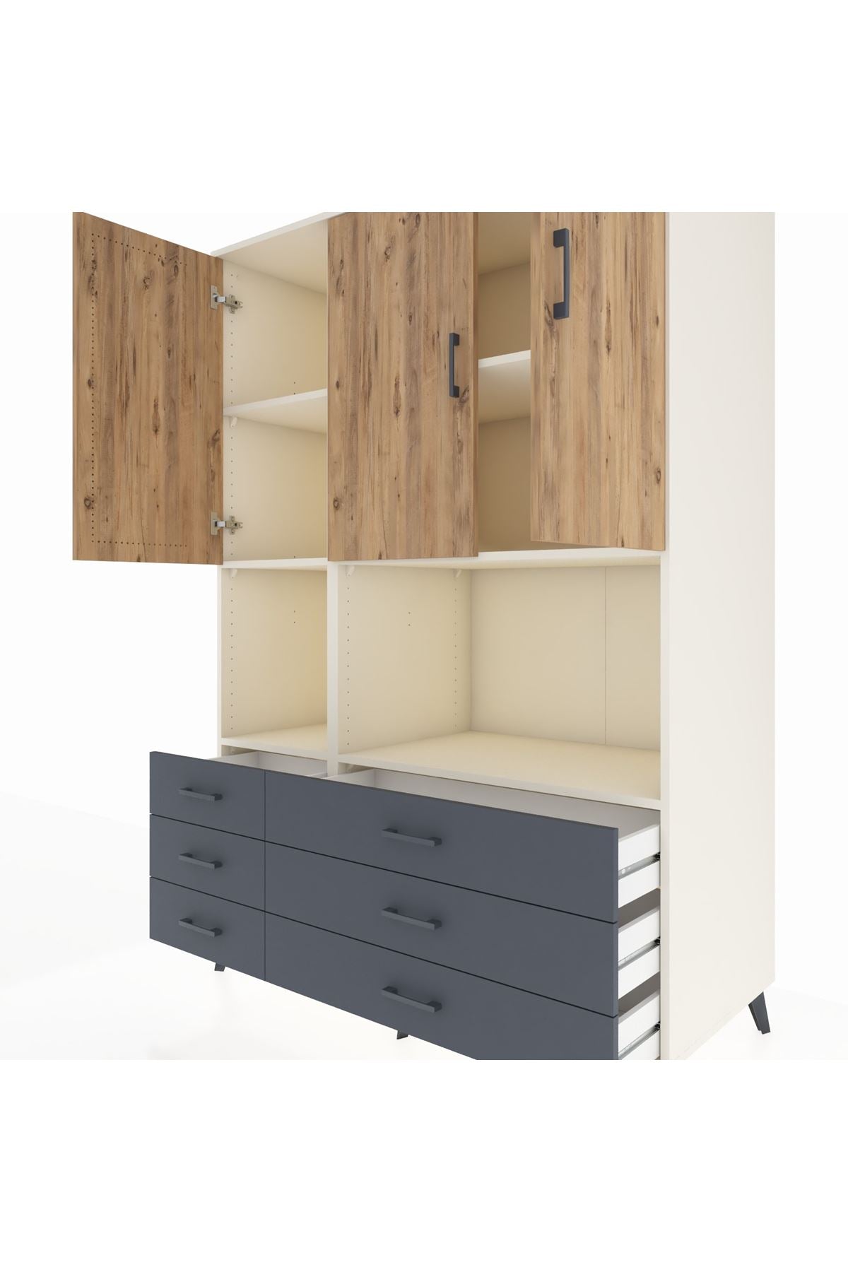 Kronos Dolap 6 Raflı 6 Çekmeceli 3 Kapaklı 132x59x195 Aytaşı-Çam/Antrasit