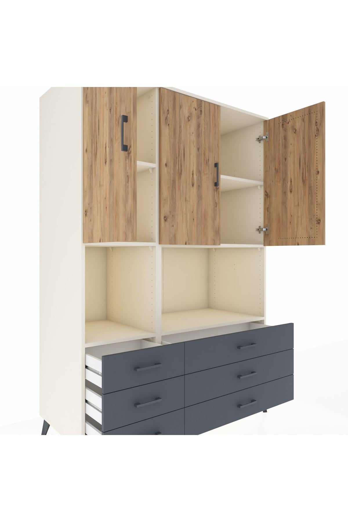 Kronos Dolap 6 Raflı 6 Çekmeceli 3 Kapaklı 132x59x195 Aytaşı-Çam/Antrasit