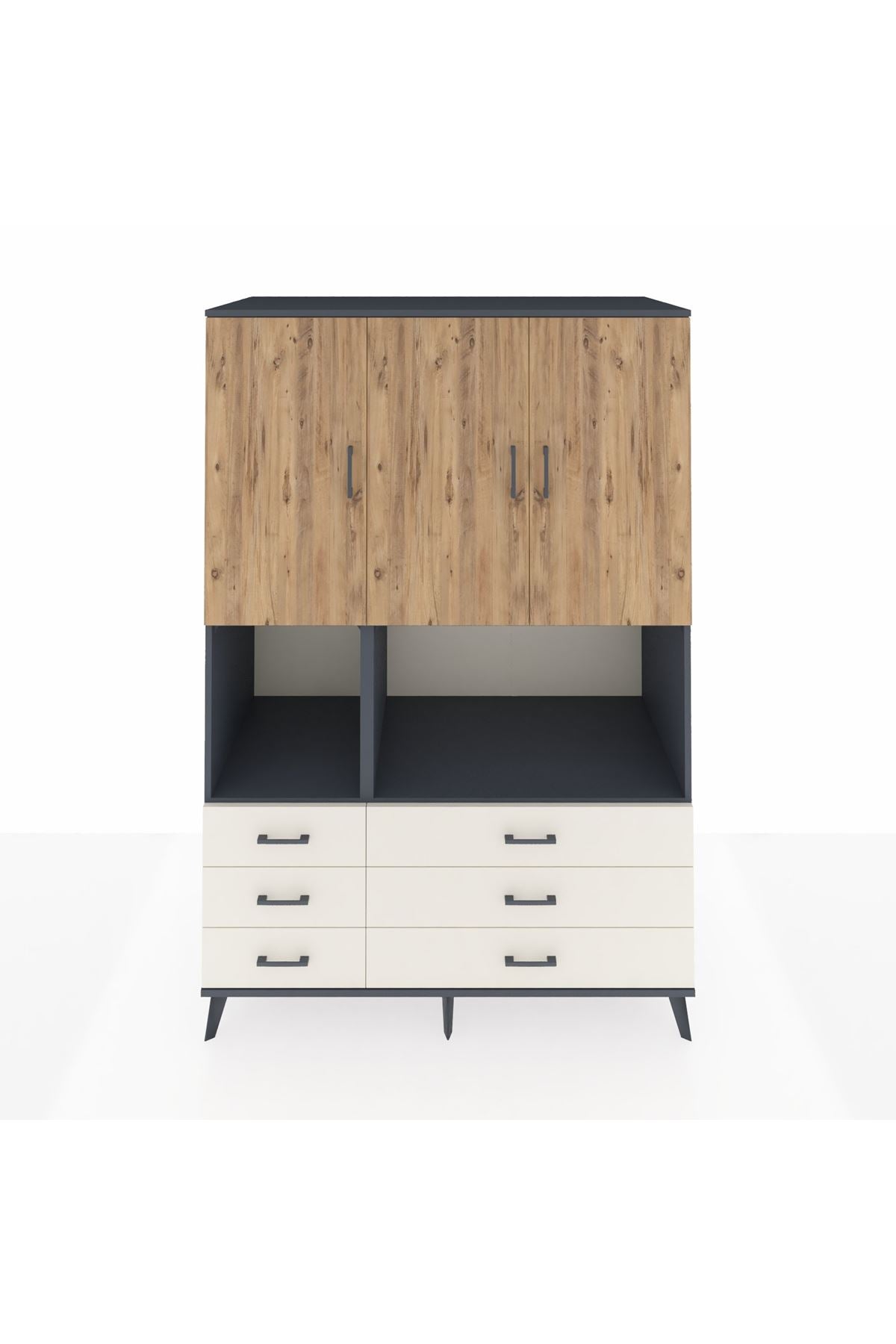 Kronos Dolap 6 Raflı 6 Çekmeceli 3 Kapaklı 132x59x195 Antrasit-Çam/Aytaşı