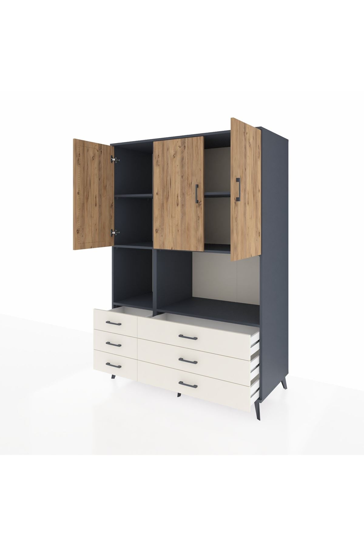 Kronos Dolap 6 Raflı 6 Çekmeceli 3 Kapaklı 132x59x195 Antrasit-Çam/Aytaşı