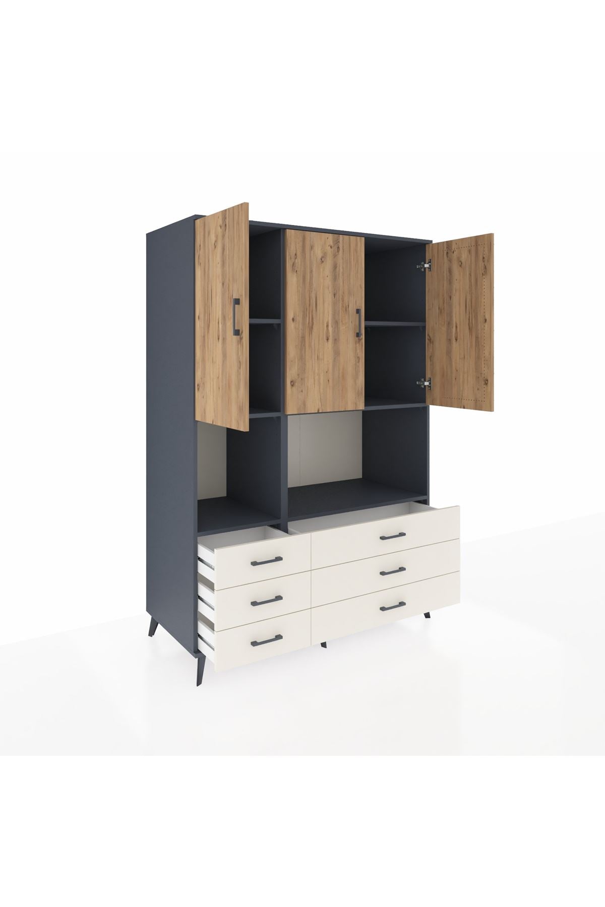 Kronos Dolap 6 Raflı 6 Çekmeceli 3 Kapaklı 132x59x195 Antrasit-Çam/Aytaşı