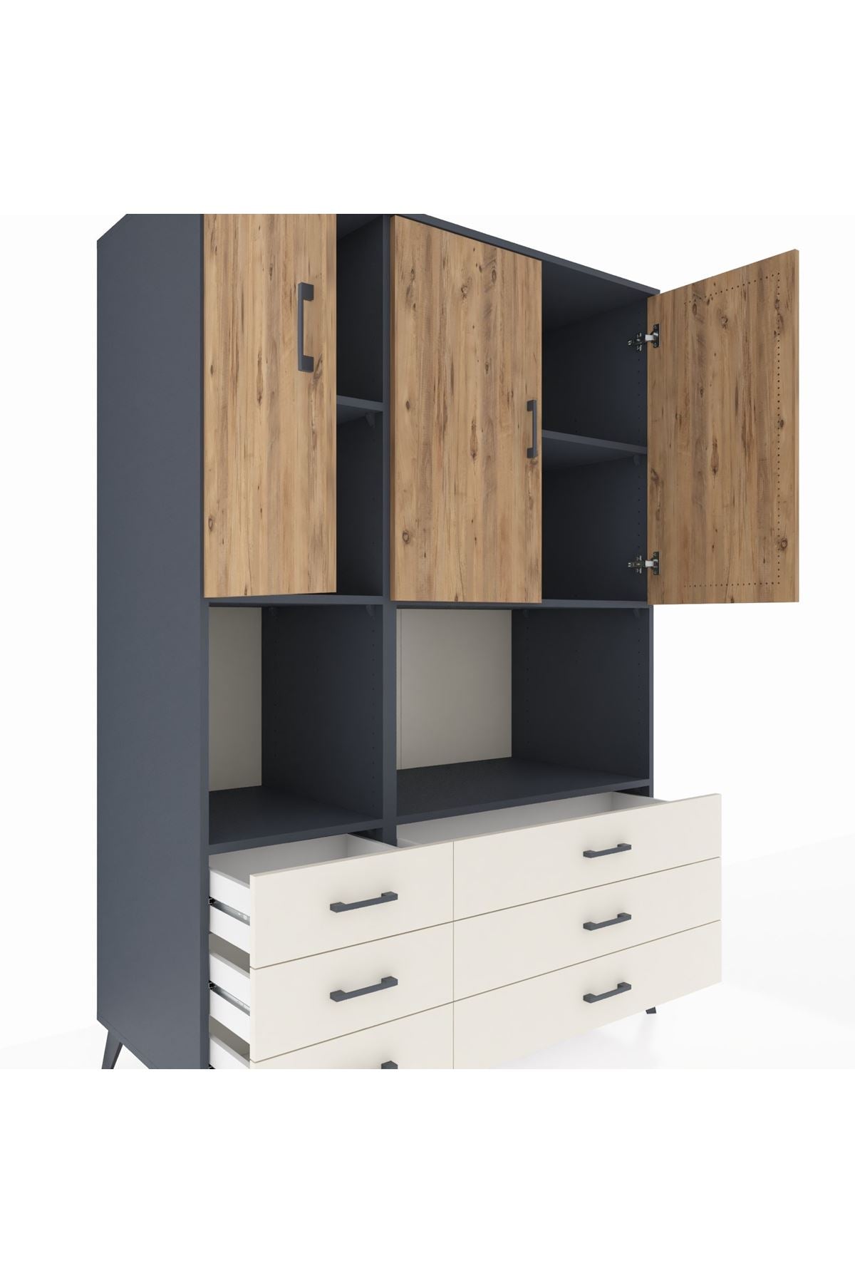 Kronos Dolap 6 Raflı 6 Çekmeceli 3 Kapaklı 132x59x195 Antrasit-Çam/Aytaşı