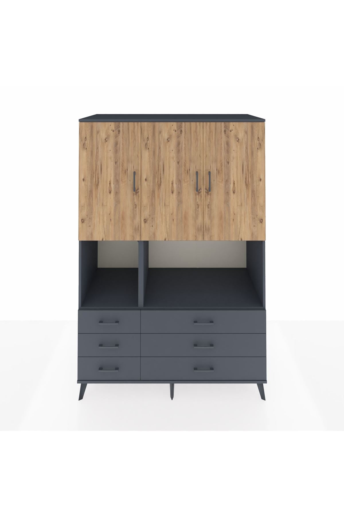 Kronos Dolap 6 Raflı 6 Çekmeceli 3 Kapaklı 132x59x195 Antrasit-Çam/Antrasit