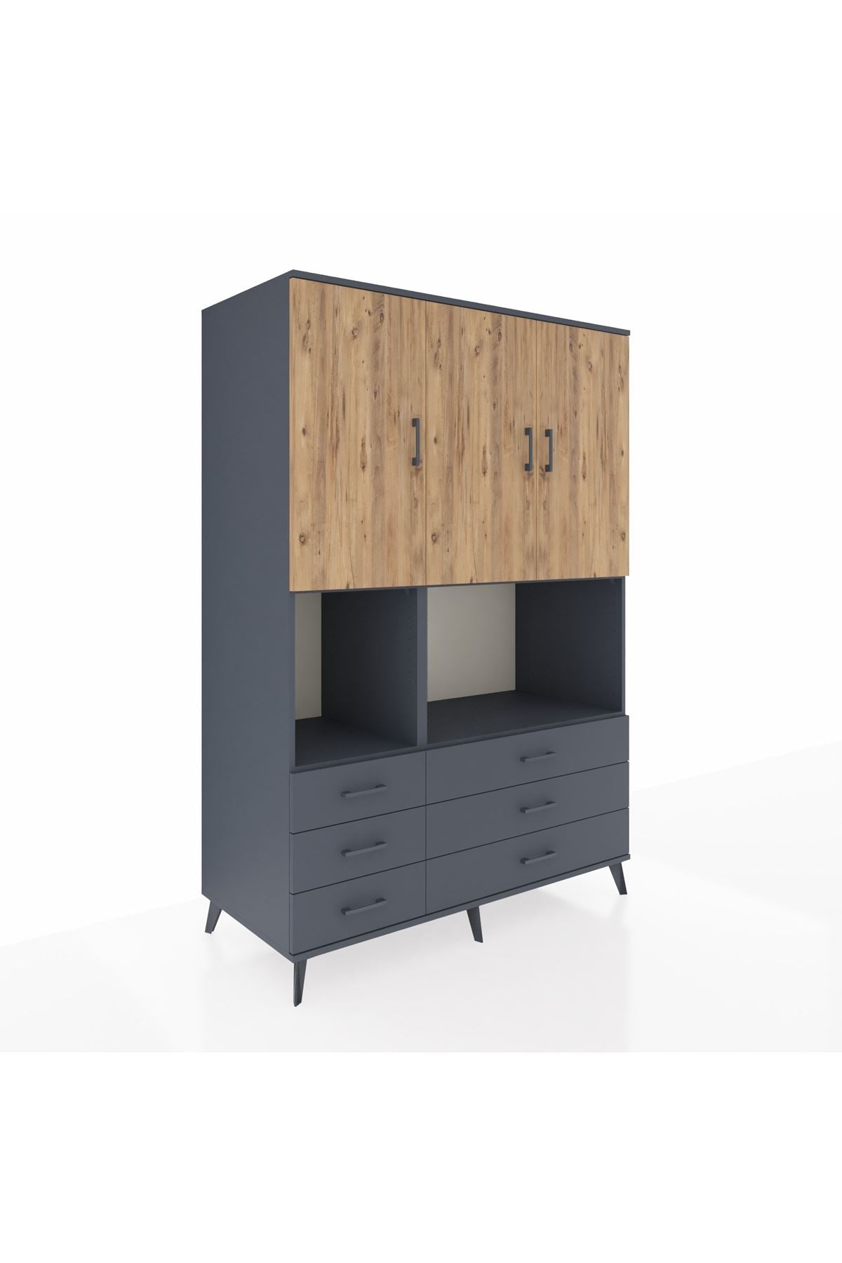Kronos Dolap 6 Raflı 6 Çekmeceli 3 Kapaklı 132x59x195 Antrasit-Çam/Antrasit