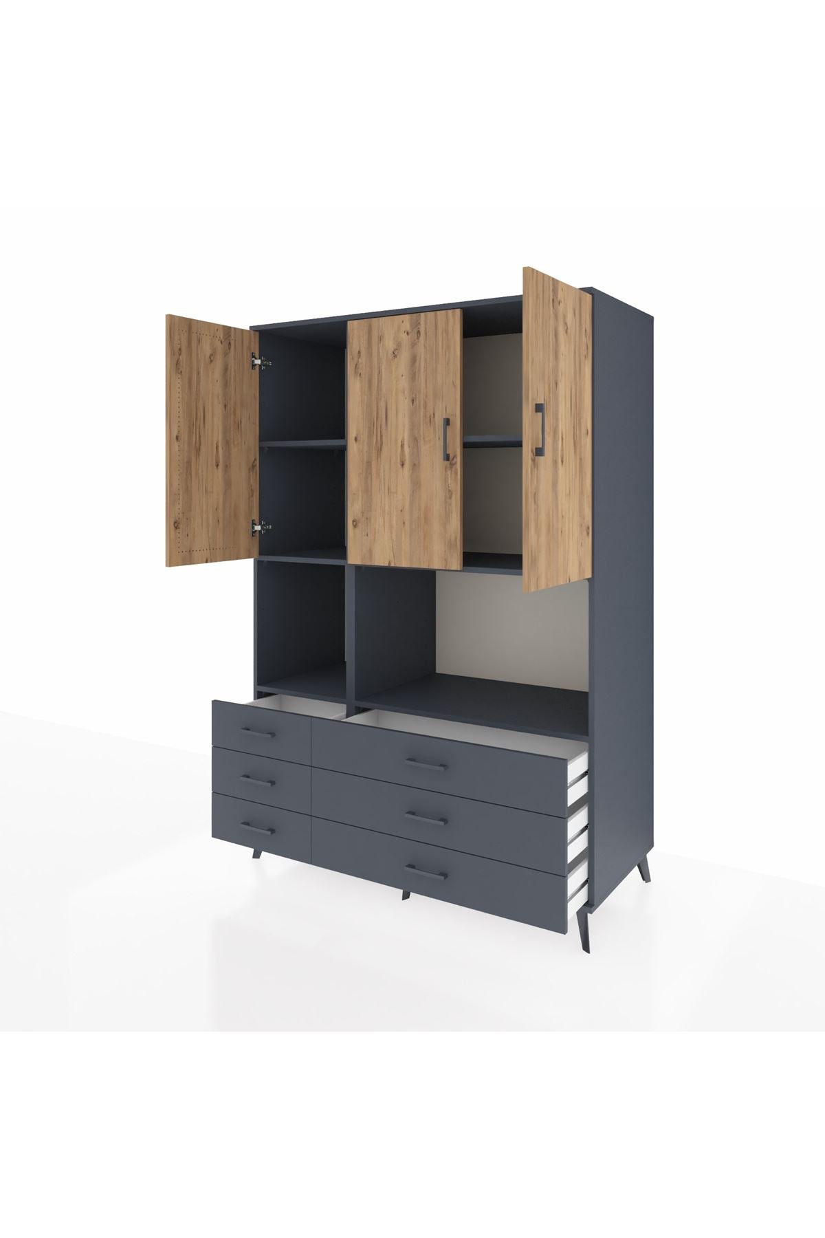 Kronos Dolap 6 Raflı 6 Çekmeceli 3 Kapaklı 132x59x195 Antrasit-Çam/Antrasit