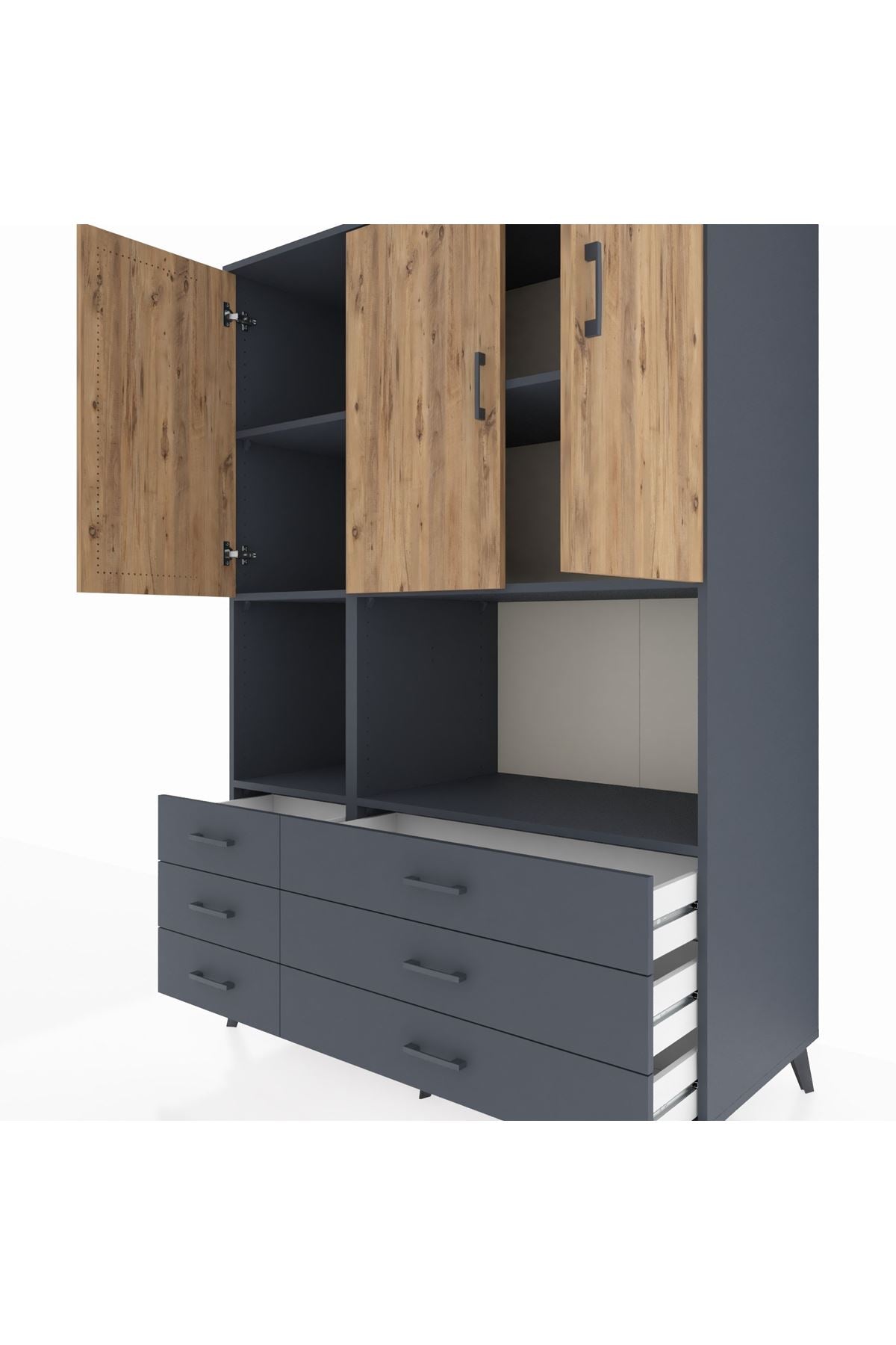 Kronos Dolap 6 Raflı 6 Çekmeceli 3 Kapaklı 132x59x195 Antrasit-Çam/Antrasit