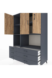 Kronos Dolap 6 Raflı 6 Çekmeceli 3 Kapaklı 132x59x195 Antrasit-Çam/Antrasit