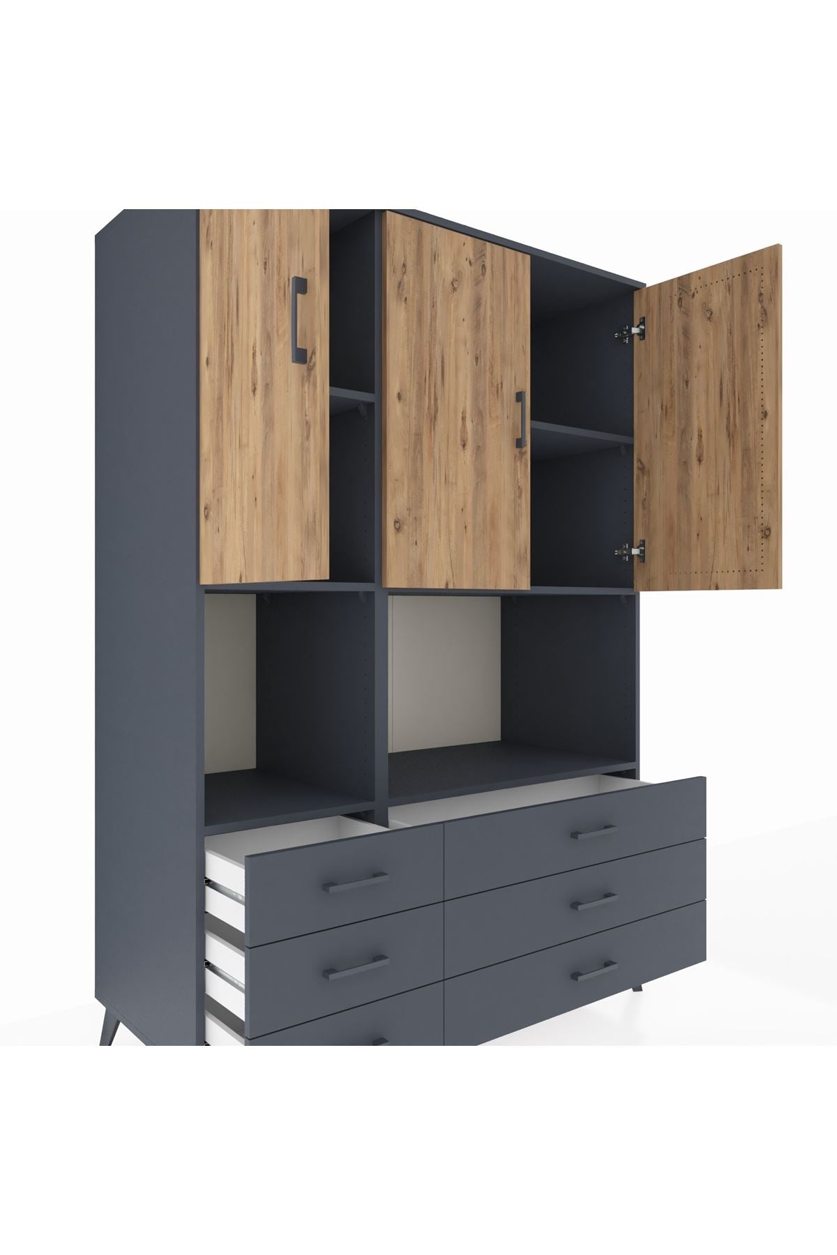 Kronos Dolap 6 Raflı 6 Çekmeceli 3 Kapaklı 132x59x195 Antrasit-Çam/Antrasit