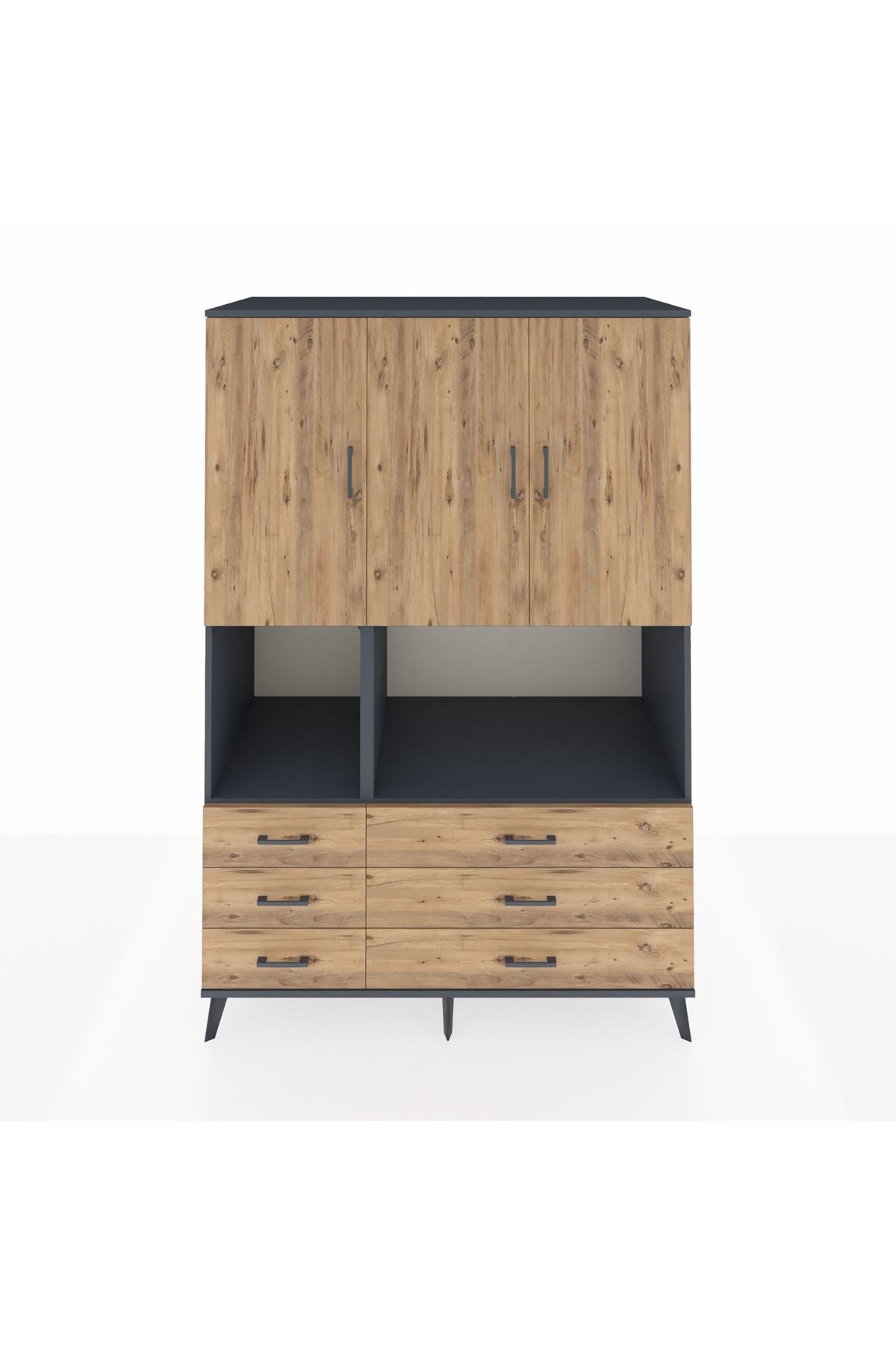 Kronos Dolap 6 Raflı 6 Çekmeceli 3 Kapaklı 132x59x195 Antrasit-Çam/Çam