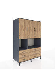 Kronos Dolap 6 Raflı 6 Çekmeceli 3 Kapaklı 132x59x195 Antrasit-Çam/Çam