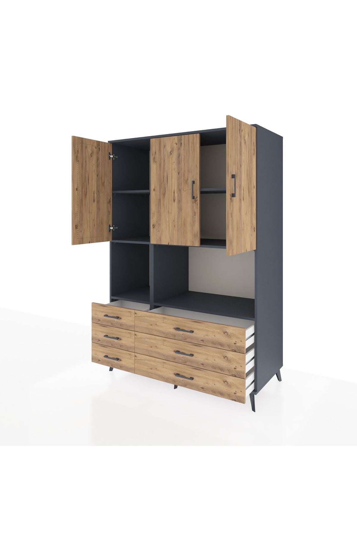 Kronos Dolap 6 Raflı 6 Çekmeceli 3 Kapaklı 132x59x195 Antrasit-Çam/Çam