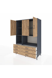 Kronos Dolap 6 Raflı 6 Çekmeceli 3 Kapaklı 132x59x195 Antrasit-Çam/Çam