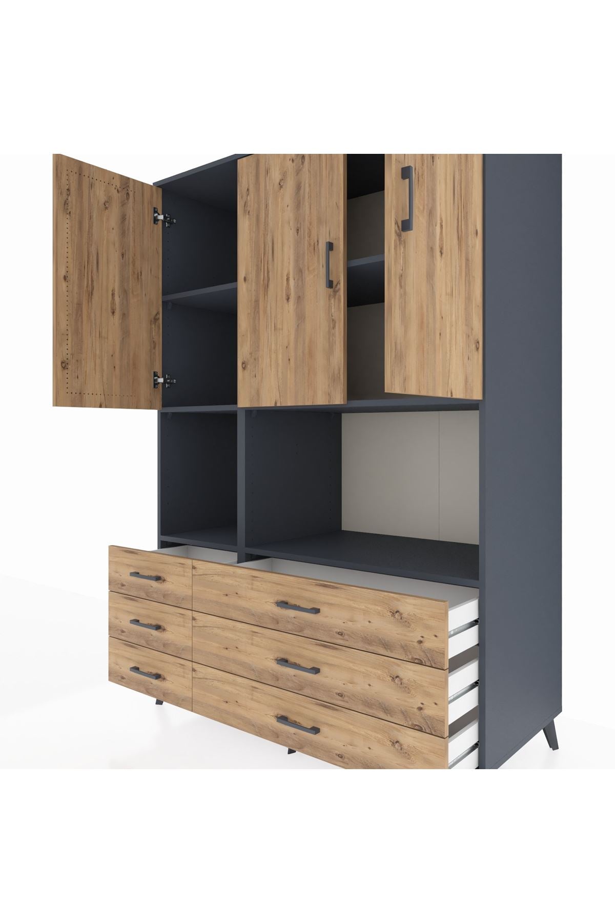 Kronos Dolap 6 Raflı 6 Çekmeceli 3 Kapaklı 132x59x195 Antrasit-Çam/Çam