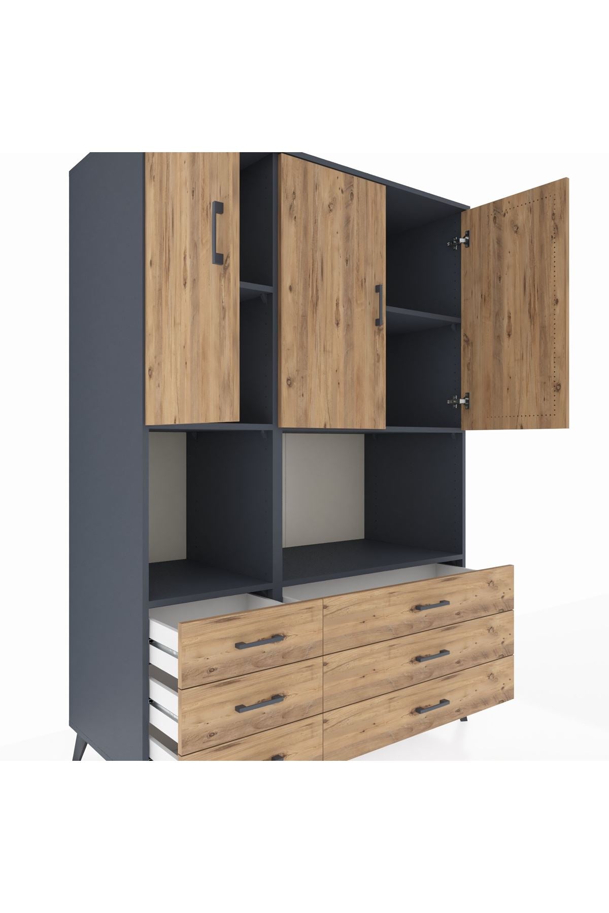 Kronos Dolap 6 Raflı 6 Çekmeceli 3 Kapaklı 132x59x195 Antrasit-Çam/Çam
