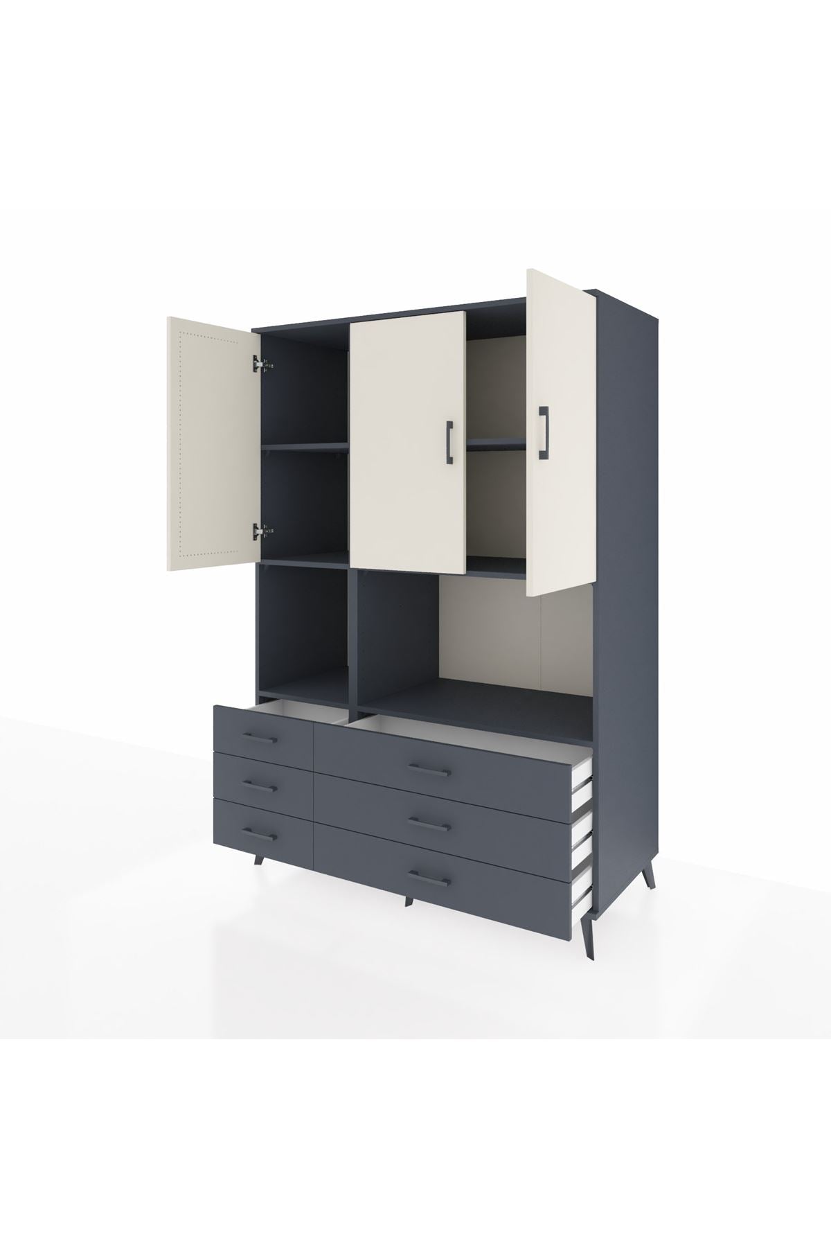 Kronos Dolap 6 Raflı 6 Çekmeceli 3 Kapaklı 132x59x195 Antrasit-Aytaşı/Antrasit