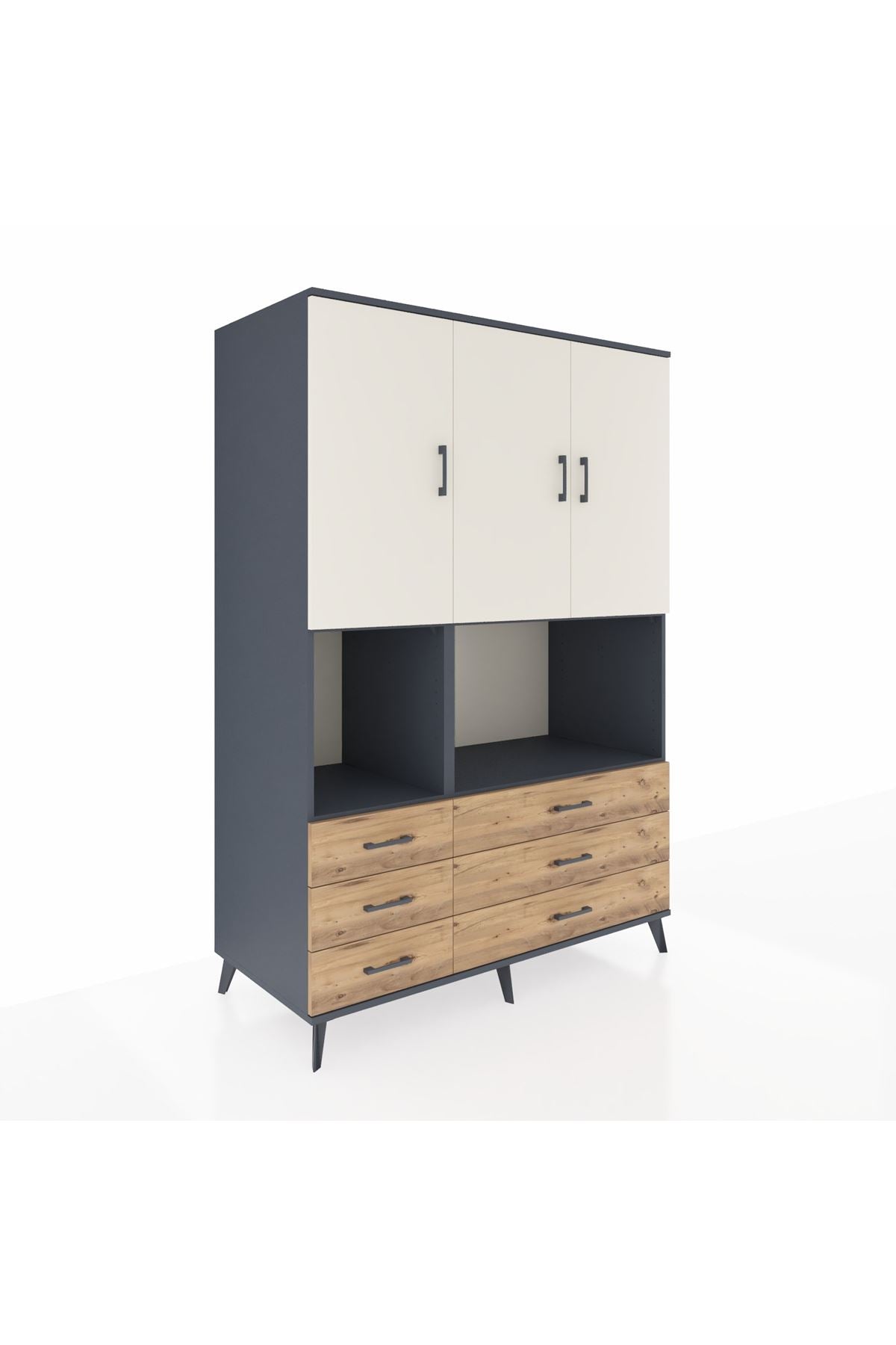 Kronos Dolap 6 Raflı 6 Çekmeceli 3 Kapaklı 132x59x195 Antrasit-Aytaşı/Çam