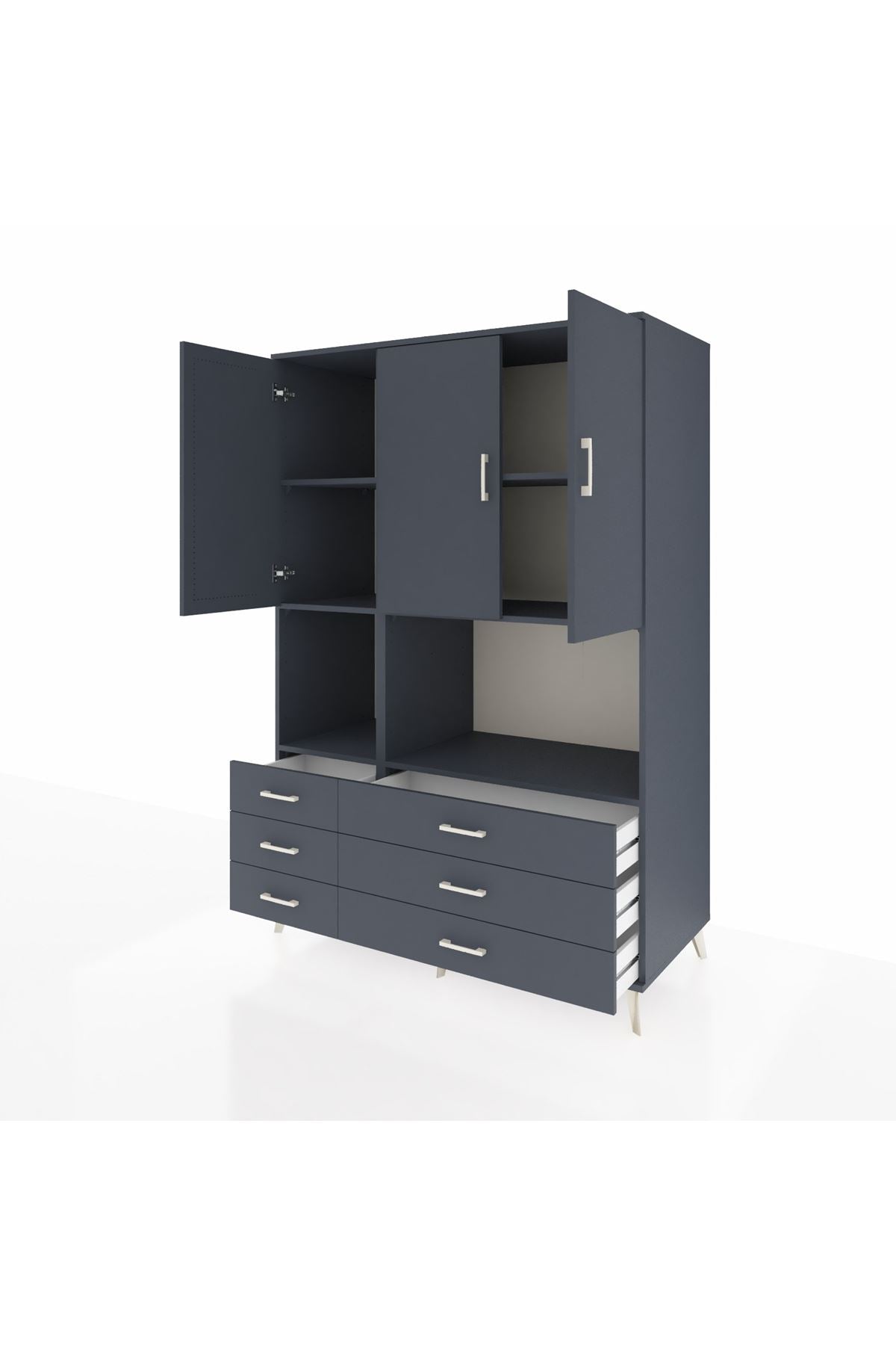 Kronos Dolap 6 Raflı 6 Çekmeceli 3 Kapaklı 132x59x195 Antrasit-Antrasit/Antrasit