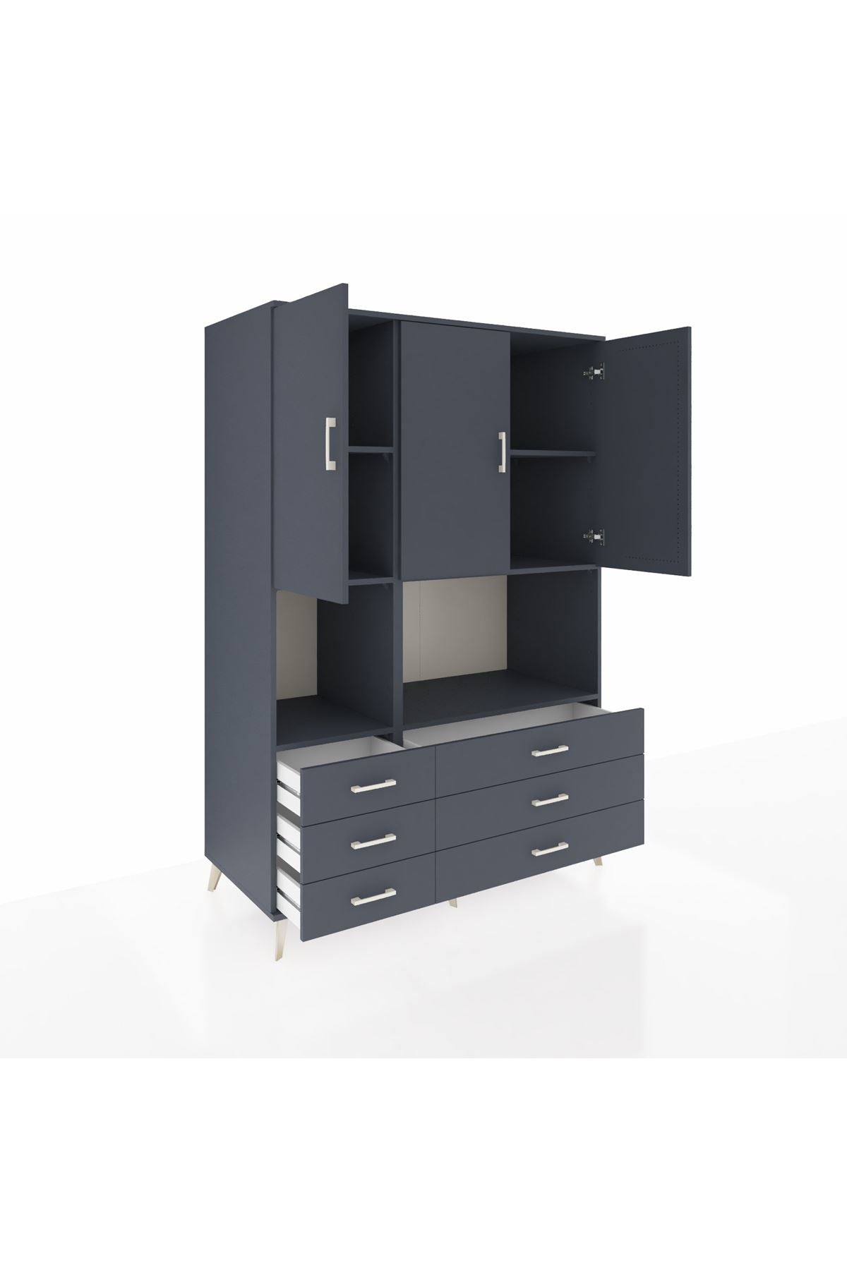 Kronos Dolap 6 Raflı 6 Çekmeceli 3 Kapaklı 132x59x195 Antrasit-Antrasit/Antrasit