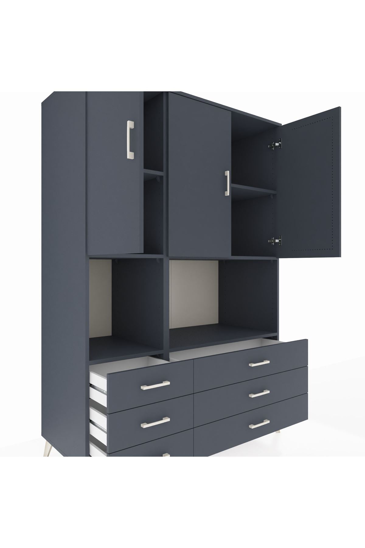 Kronos Dolap 6 Raflı 6 Çekmeceli 3 Kapaklı 132x59x195 Antrasit-Antrasit/Antrasit