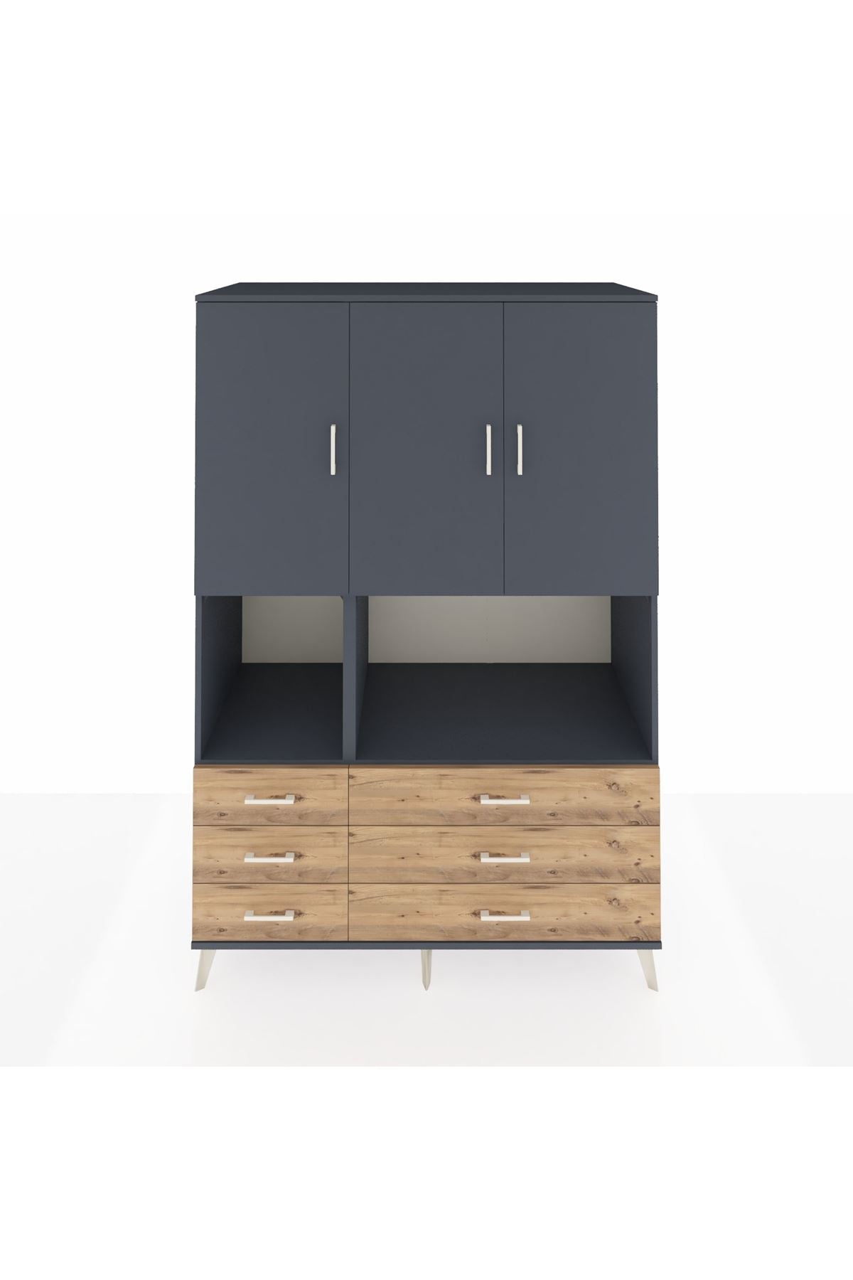 Kronos Dolap 6 Raflı 6 Çekmeceli 3 Kapaklı 132x59x195 Antrasit-Antrasit/Çam