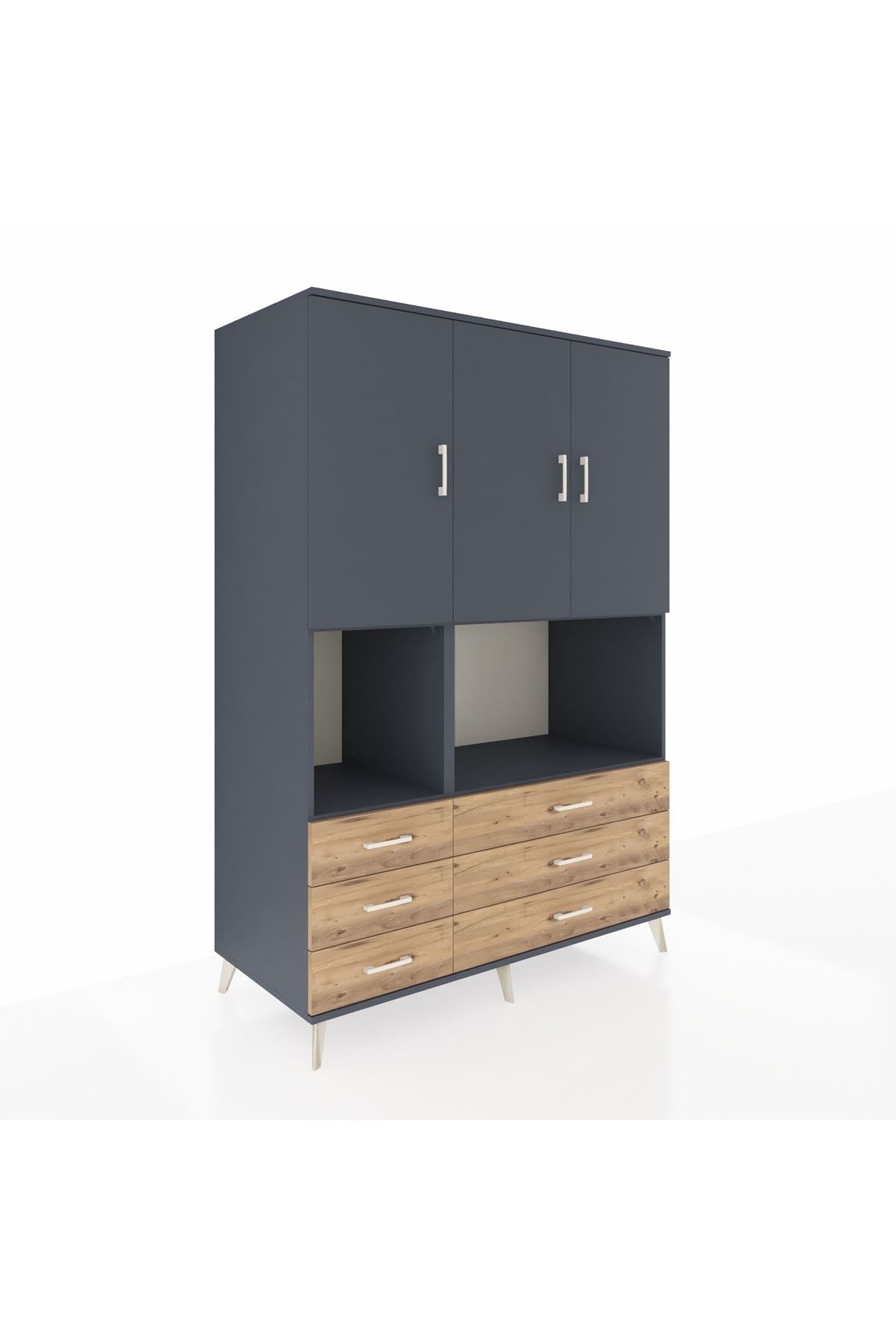 Kronos Dolap 6 Raflı 6 Çekmeceli 3 Kapaklı 132x59x195 Antrasit-Antrasit/Çam